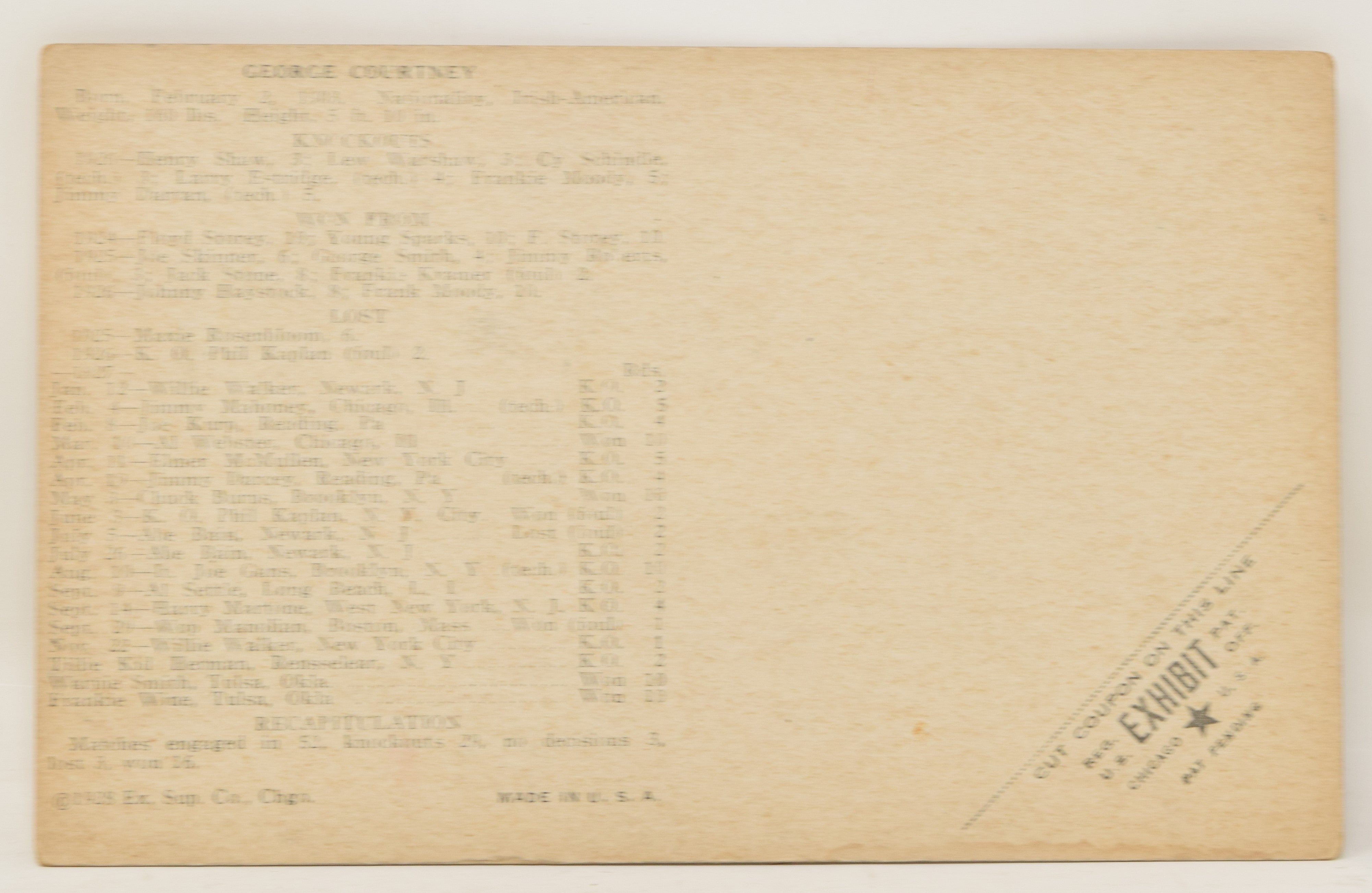 George Coutney Boxing Exhibit Card Postcard Penny Arcade Photo 1928 5 x 3