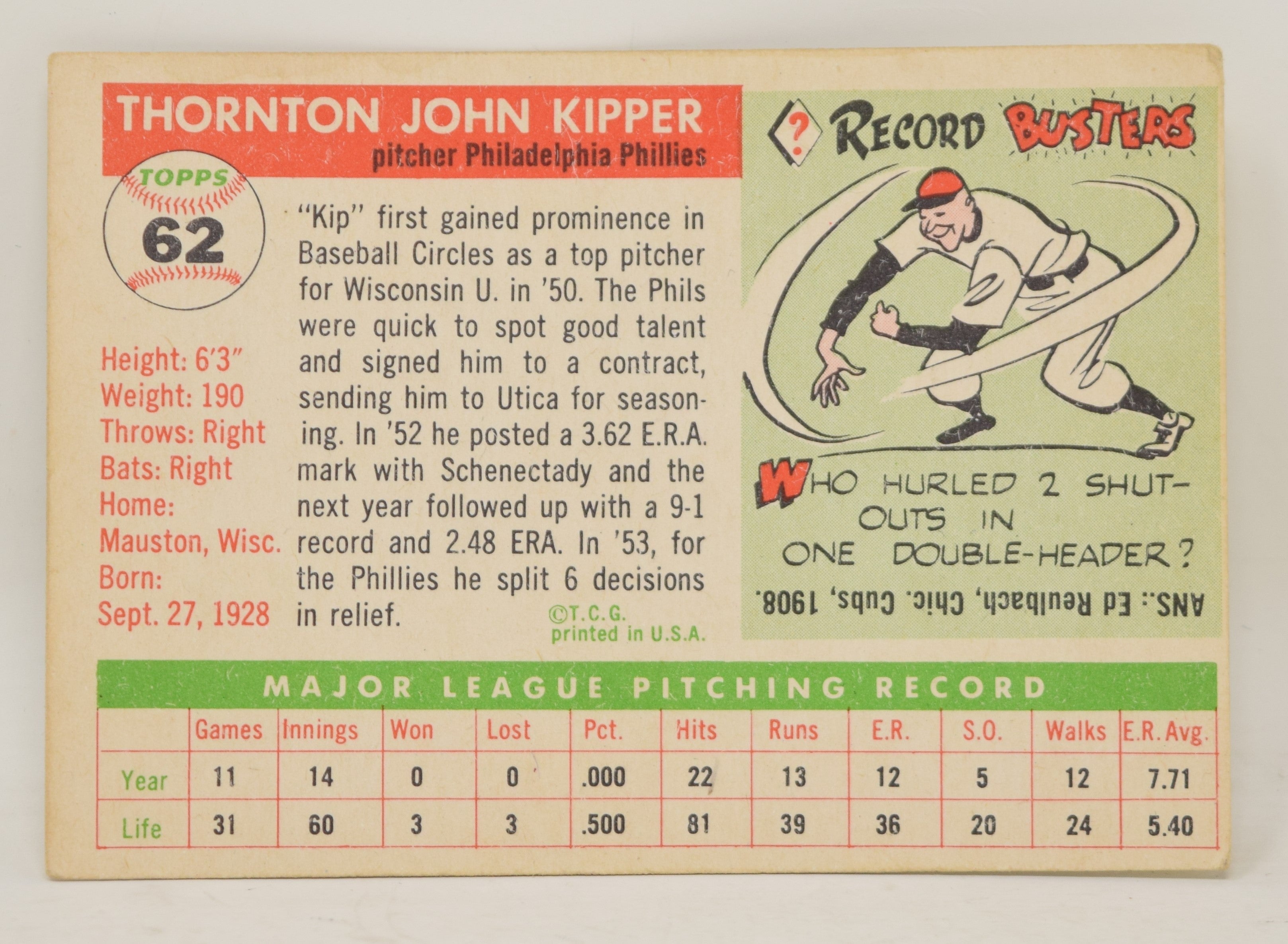 Thornton Kipper Baseball Card Topps 1955 Philadelphia Phillies 62