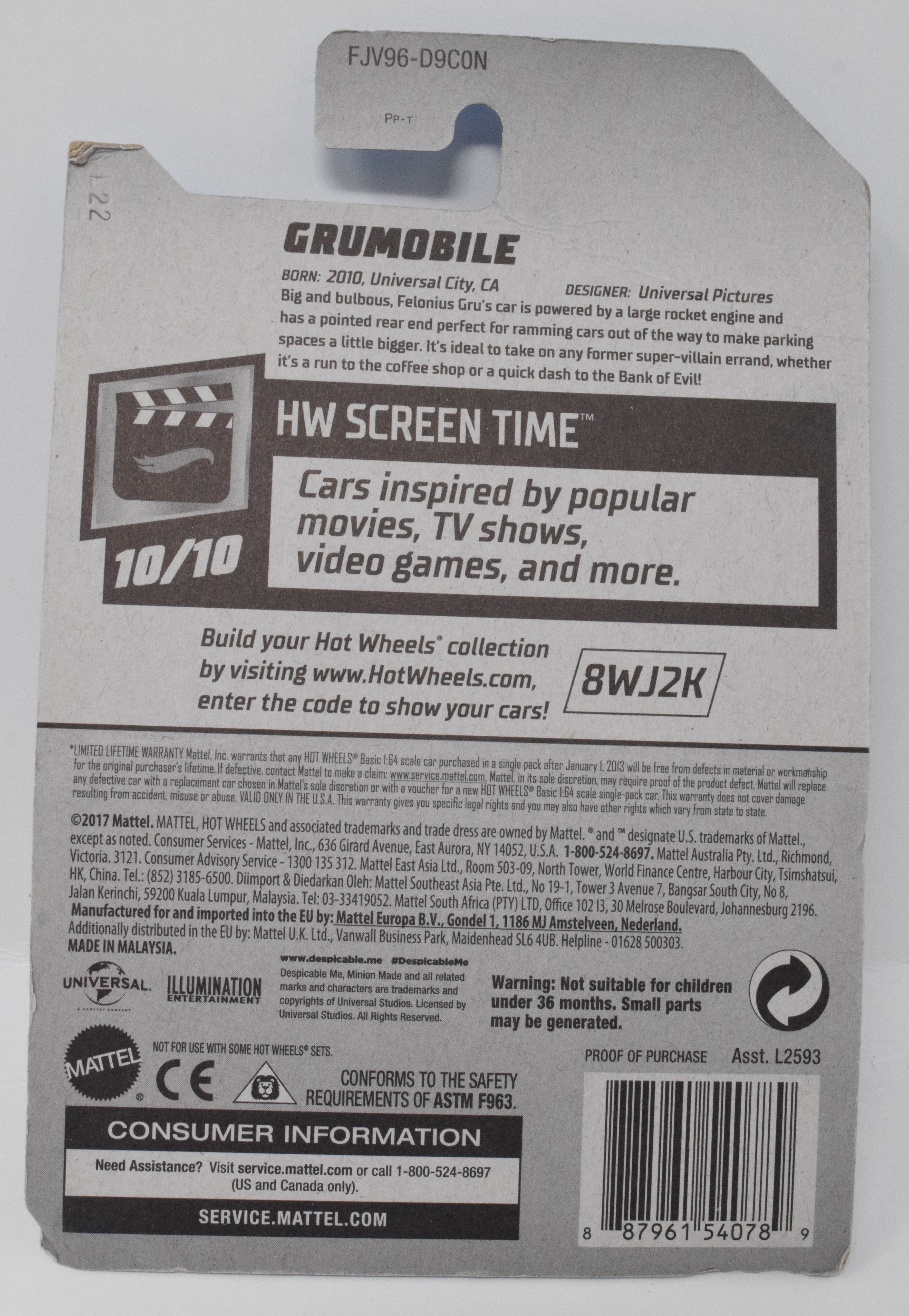 Hot Wheels Grumobile Dispicable Me  HW ScreenTime 10/10 296 DieCast Car New