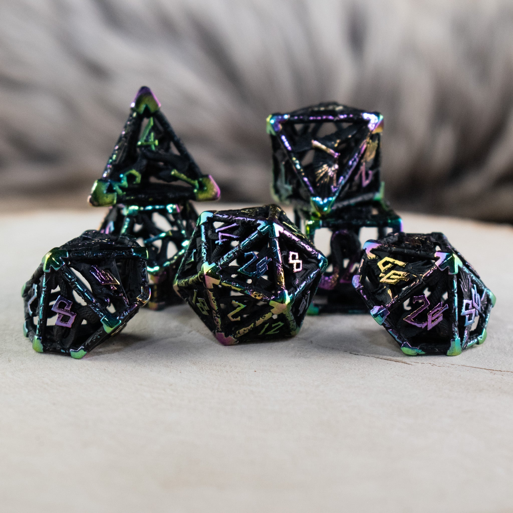 Legends of Valhalla - Matte Black and Iridescent Hollow Metal Dice Set