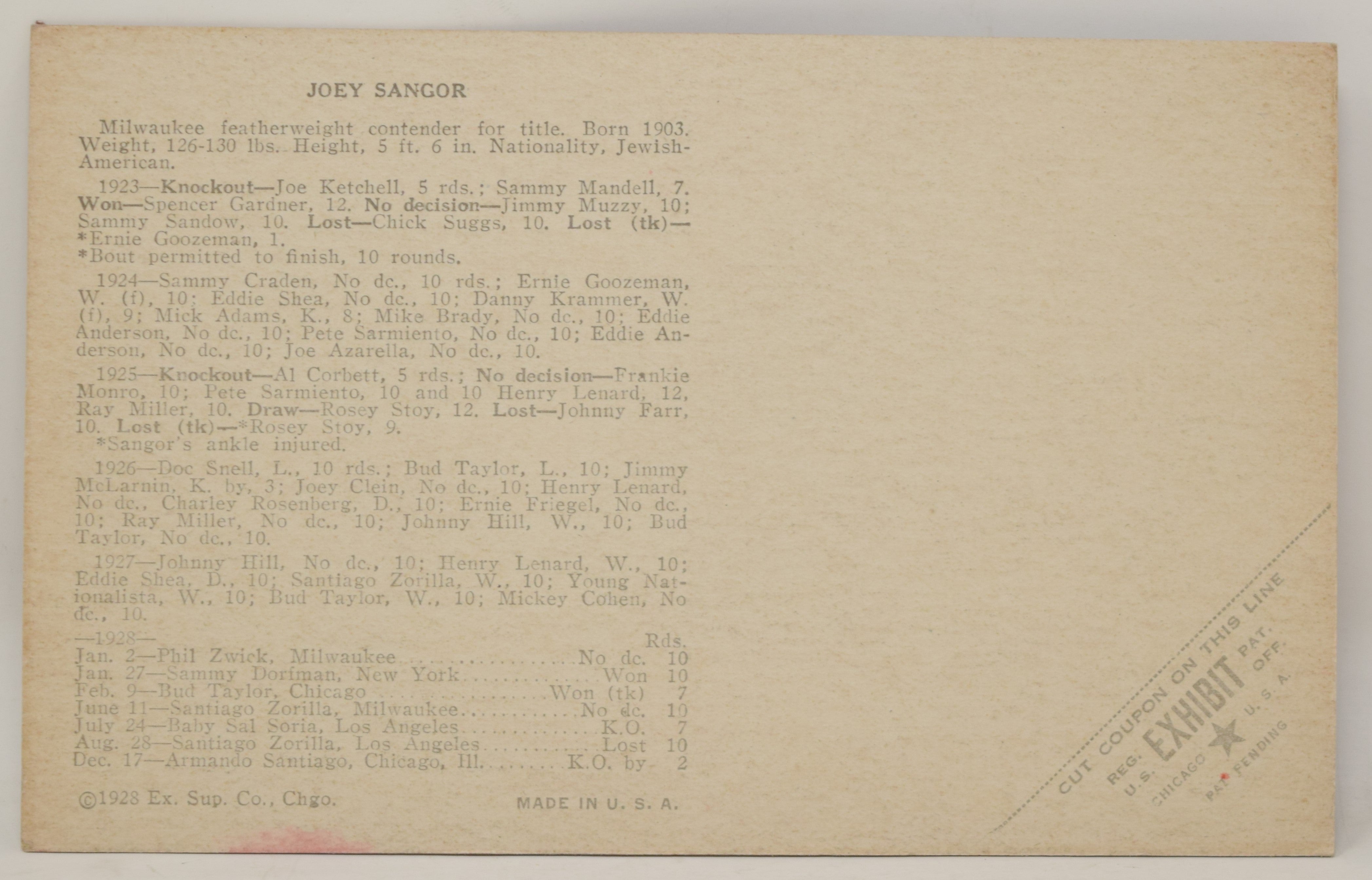 Joey Sanger Boxing Exhibit Card Postcard Penny Arcade Red Photo 1928 5 x 3