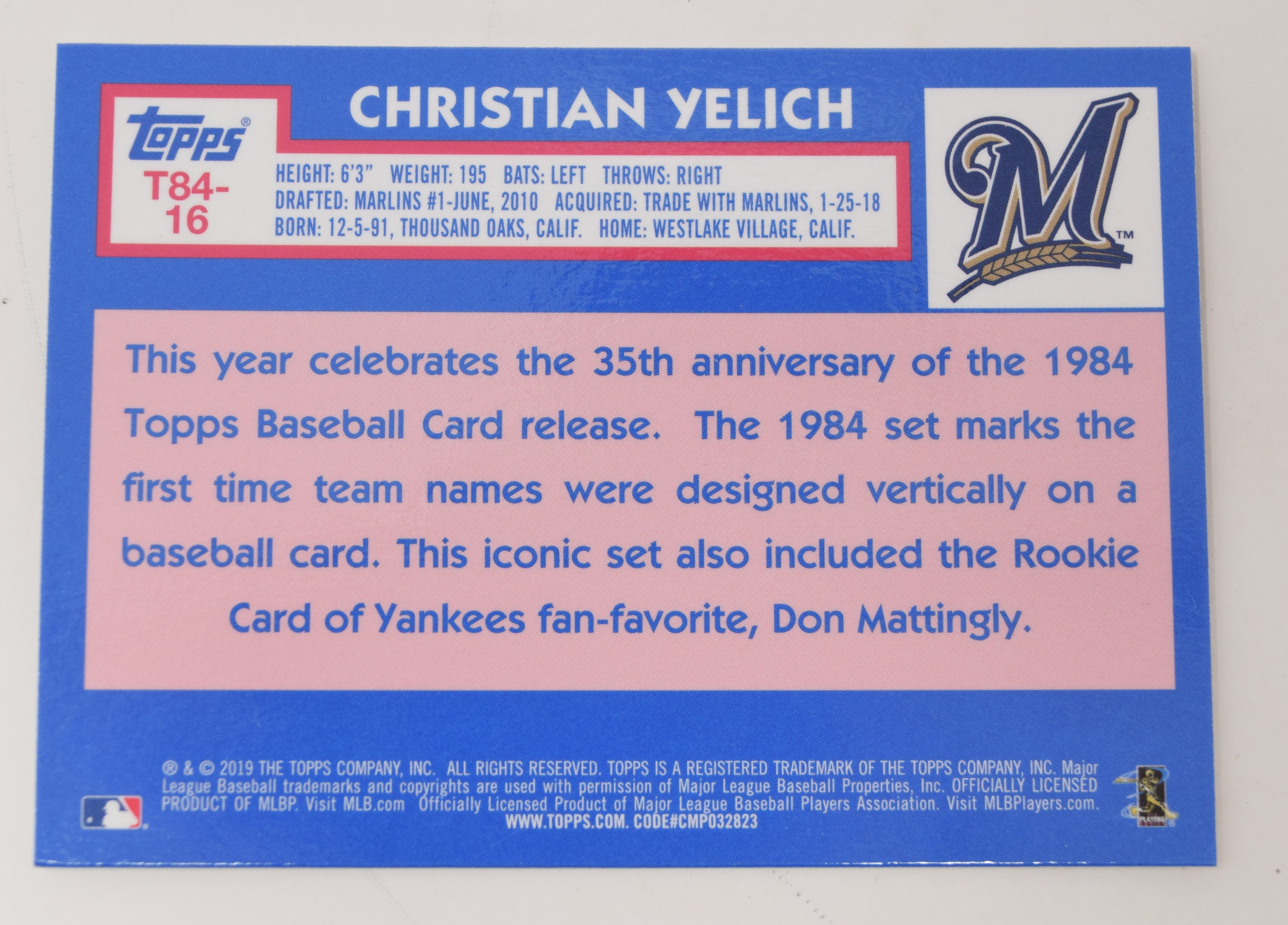 Christian Yelich Topps Chrome 2019 Baseball 1984 35th Brewers Card T84-16