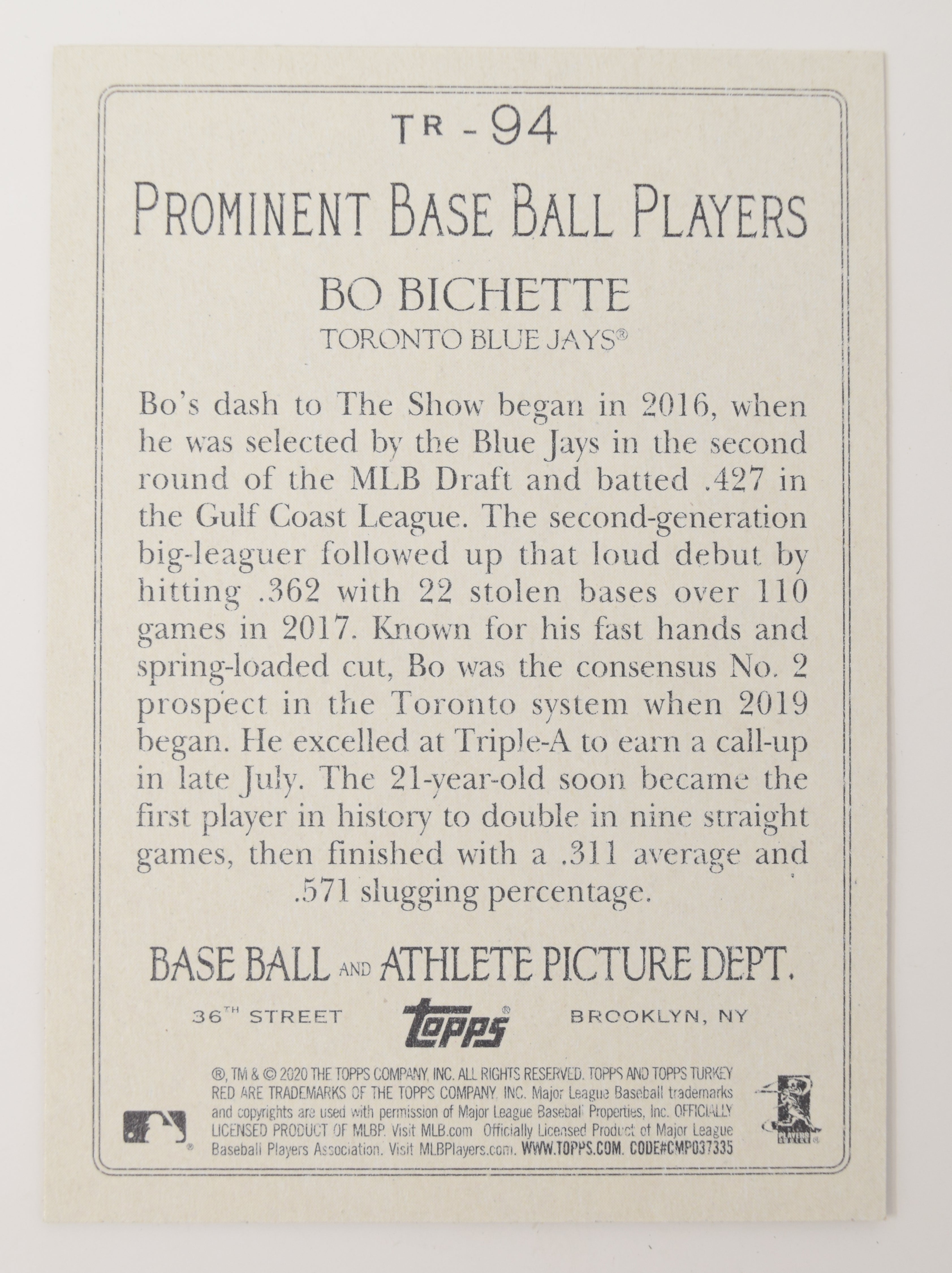 Bo Bichette Topps 2020 Baseball Turkey Red RC Rookie Blue Jays Card TR-94
