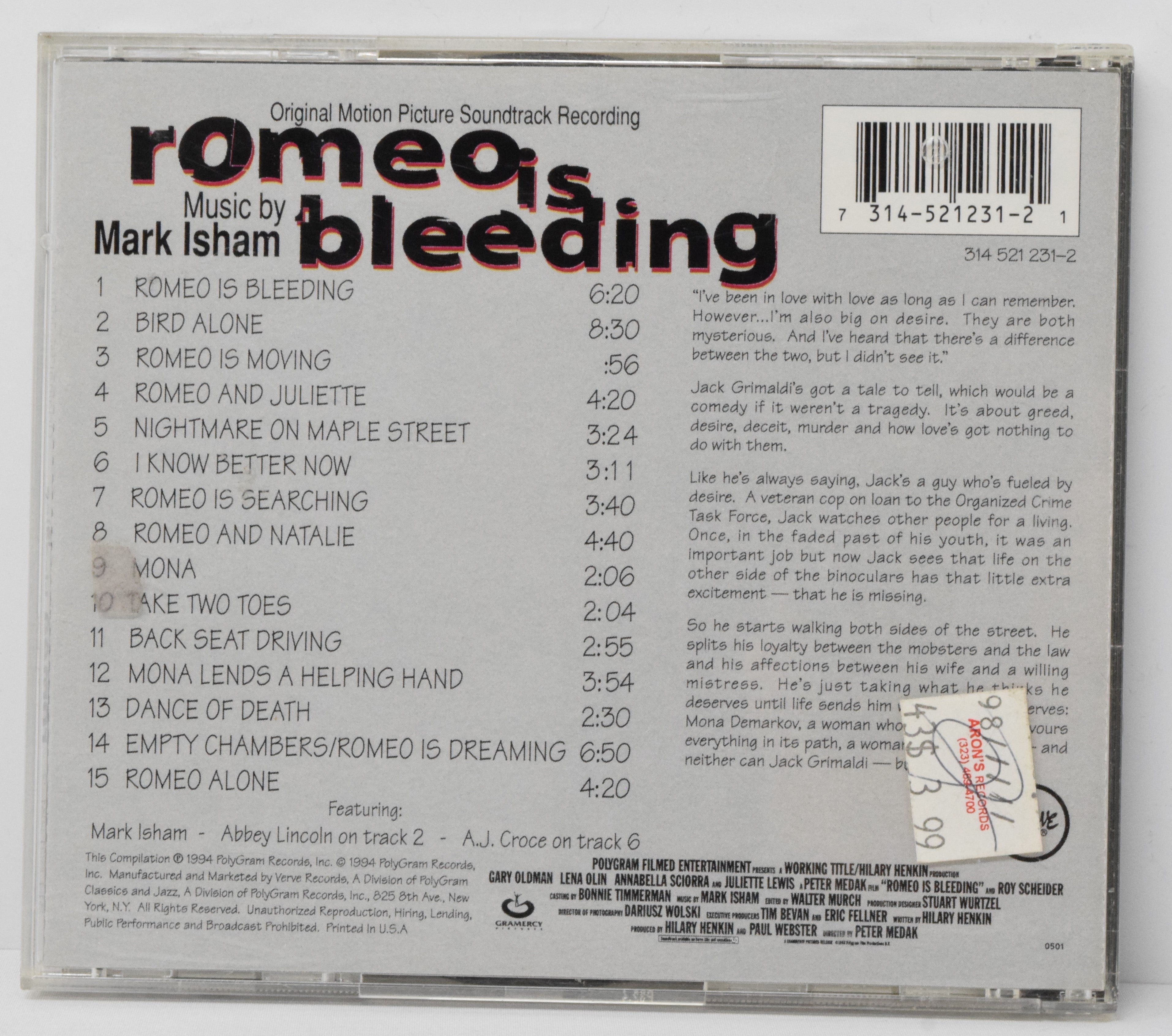 Romeo is Bleeding Soundtrack CD Mark Isham