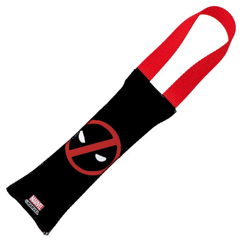 MARVEL DEADPOOL

Dog Toy Squeaky Tug Toy - Deadpool Face + Deadpool Logo2 Black/Red/White - RED Handle Webbing