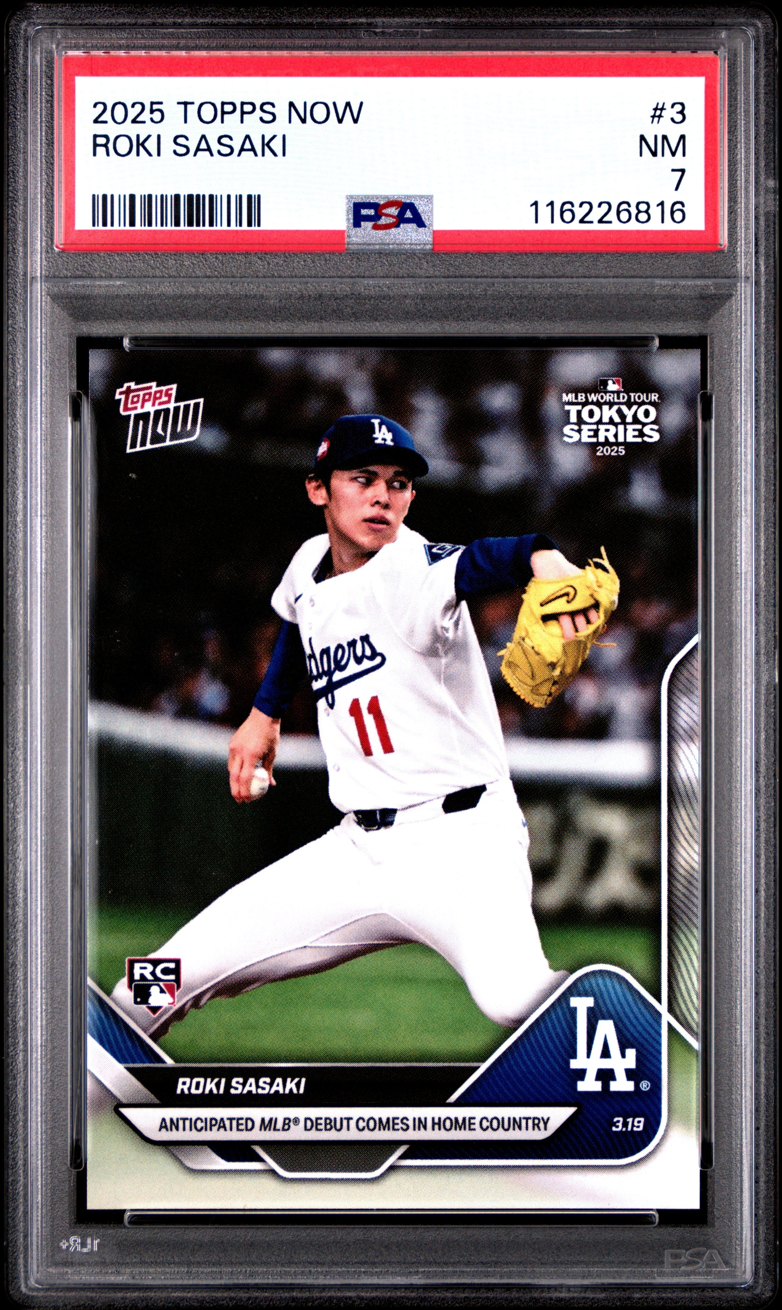 Graded 2025 Topps Now Roki Sasaki #3 Rookie RC Baseball Card PSA 7 Near Mint
