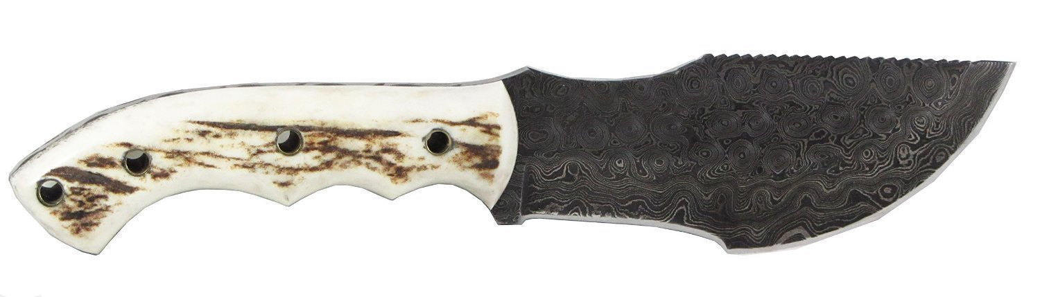 Custom Handcrafted Damascus Steel Tom Brown Tracker Knife - 10" Antler Horn Handle with Horizontal Leather Sheath | Survival, Tactical, Combat | KBS Knives