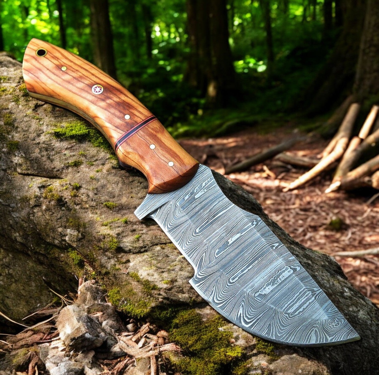 Handmade Tom Brown Tracker Knife with Damascus Steel Blade & Olivewood Handle – 10" Overall Length