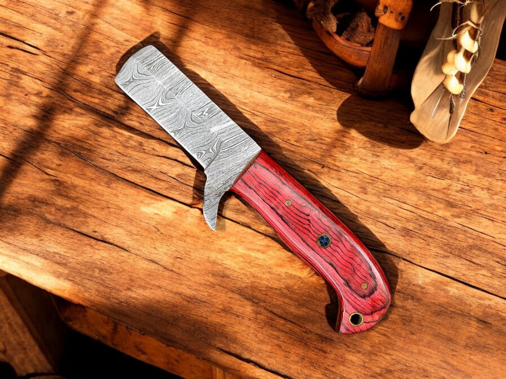 Premium Damascus Steel Bull Cutter Knife - 7" Exotic Redwood Handle with Western Sheath