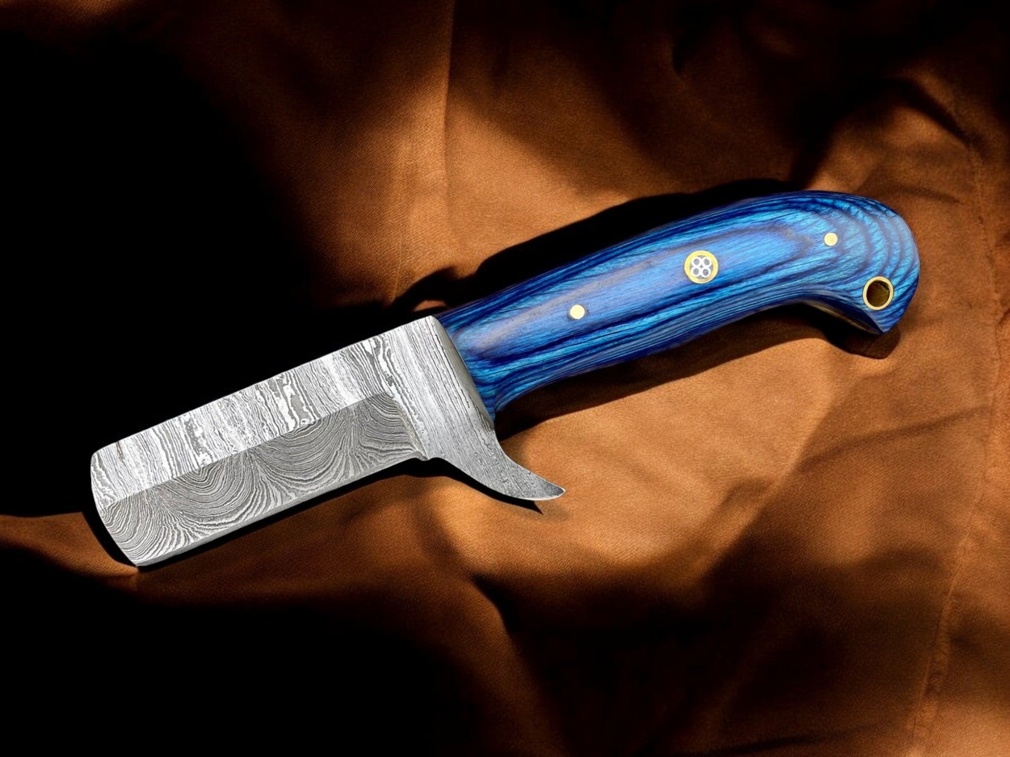 Premium Damascus Bull Cutter Knife - 7" Hand Forged Steel with Exotic Blue Wood Handle