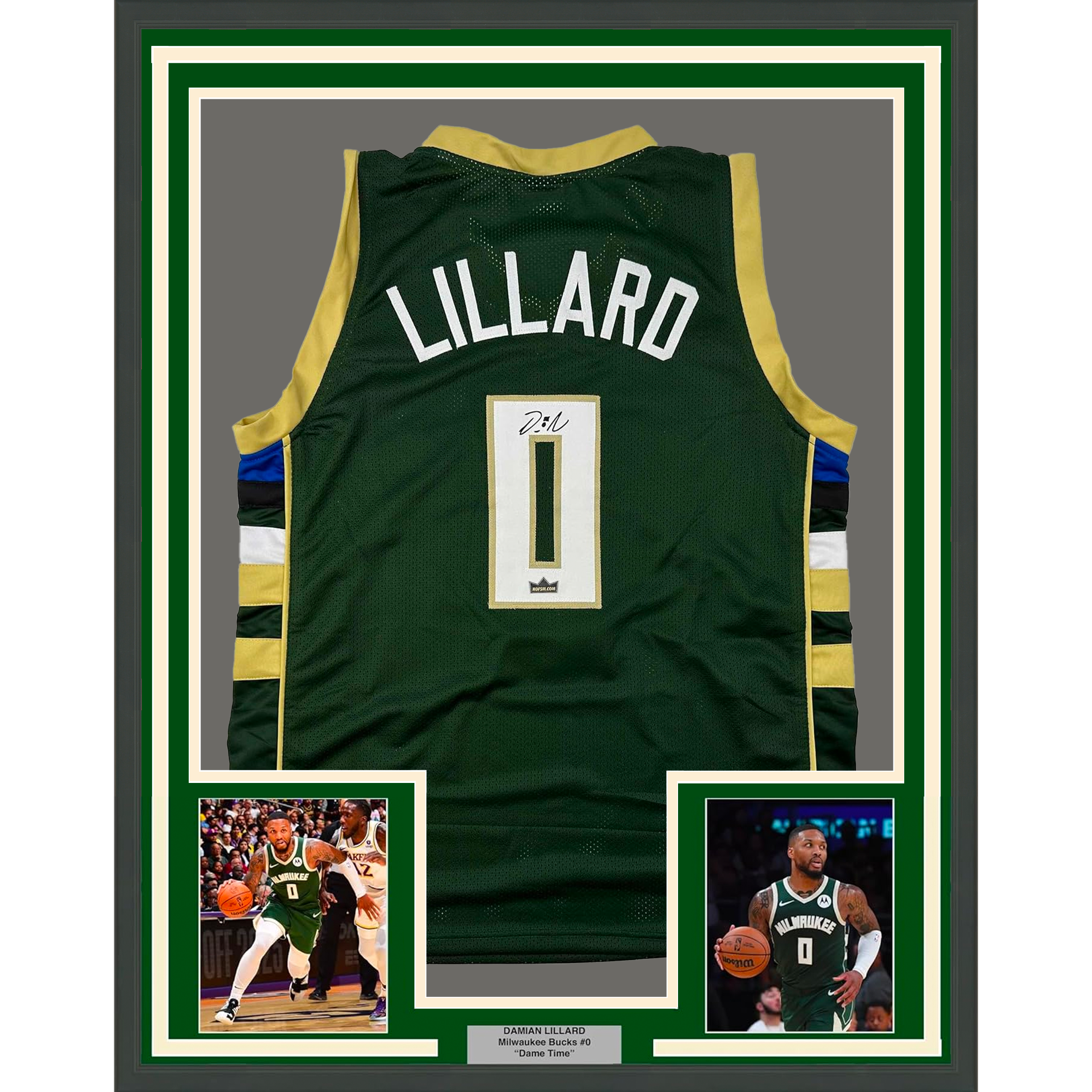 Framed Facsimile Autographed Damian Lillard 35x39 Milwaukee Green Reprint Laser Auto Basketball Jersey