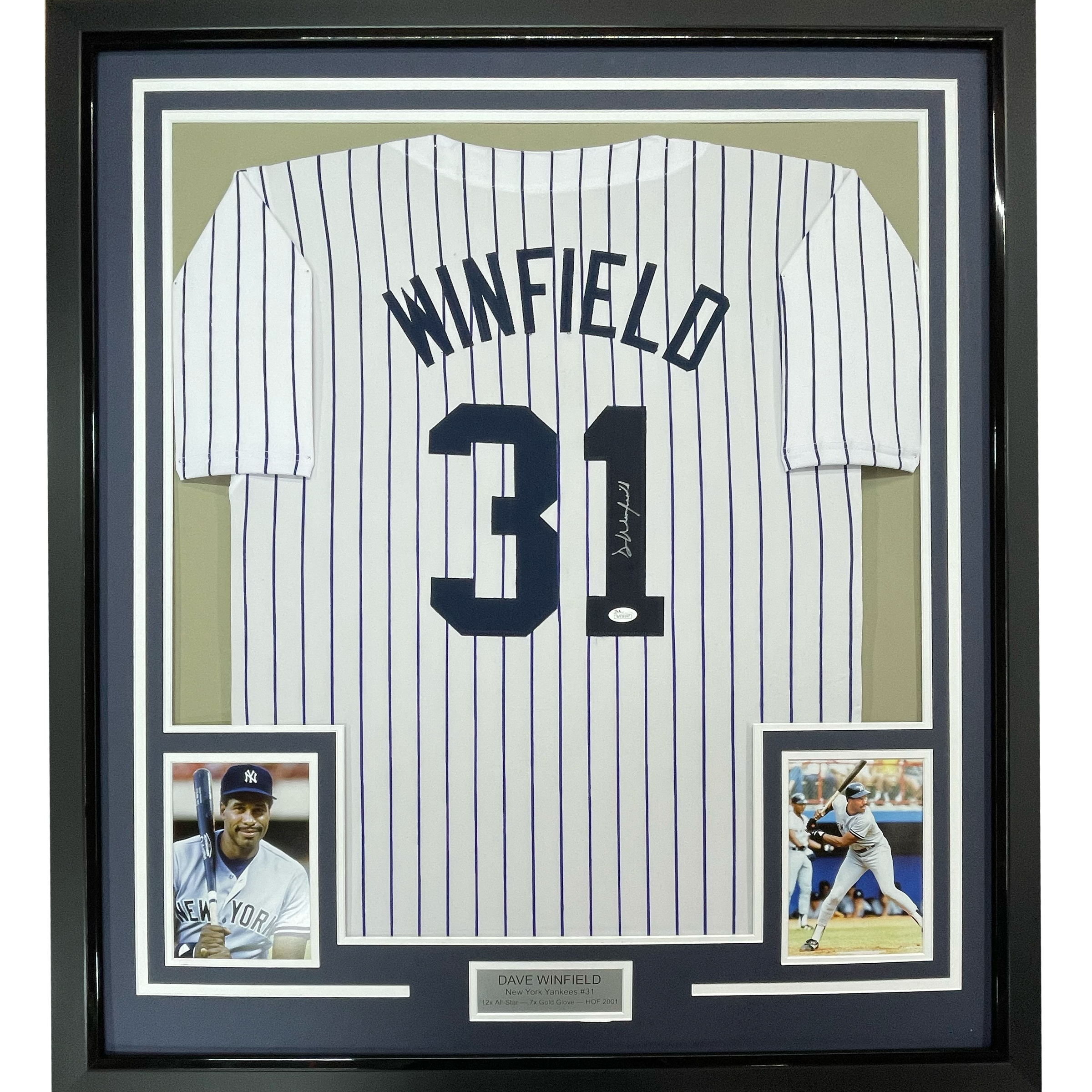 Framed Autographed/Signed Dave Winfield 35x39 New York Pinstripe Baseball Jersey JSA COA