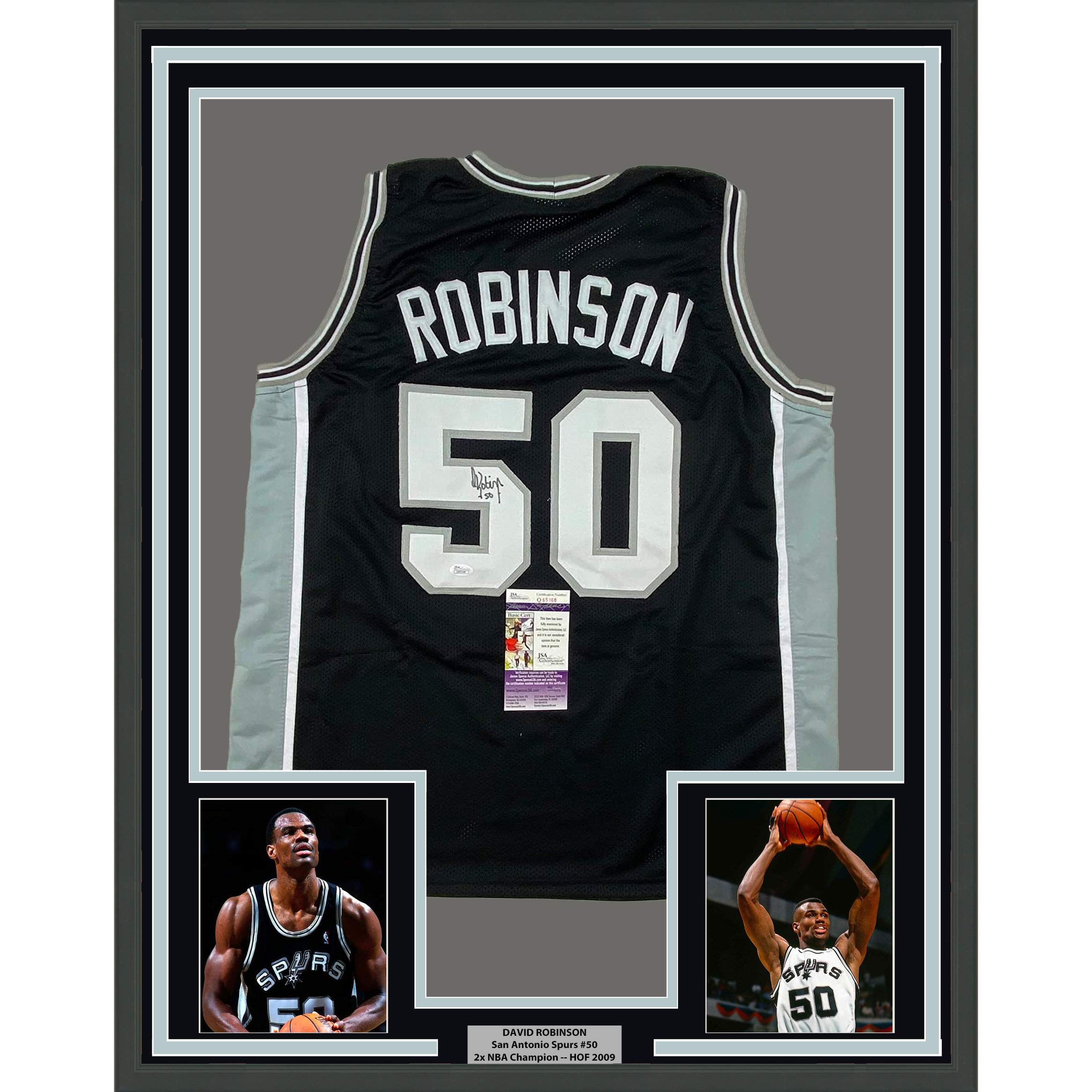 Framed Autographed/Signed David Robinson 35x39 San Antonio Black Basketball Jersey JSA COA