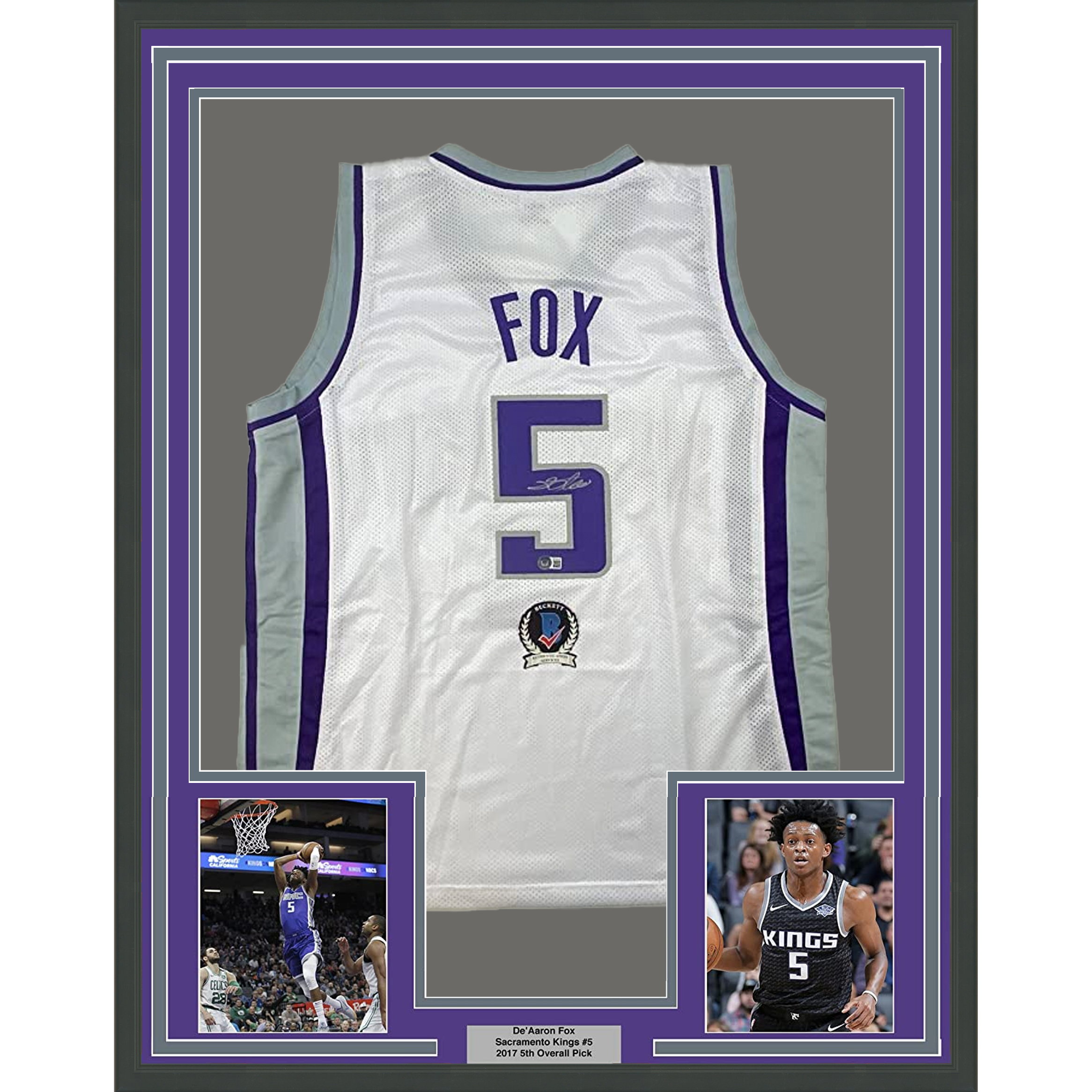 Framed Autographed/Signed De'Aaron Fox 35x39 Sacramento White Basketball Jersey BAS COA