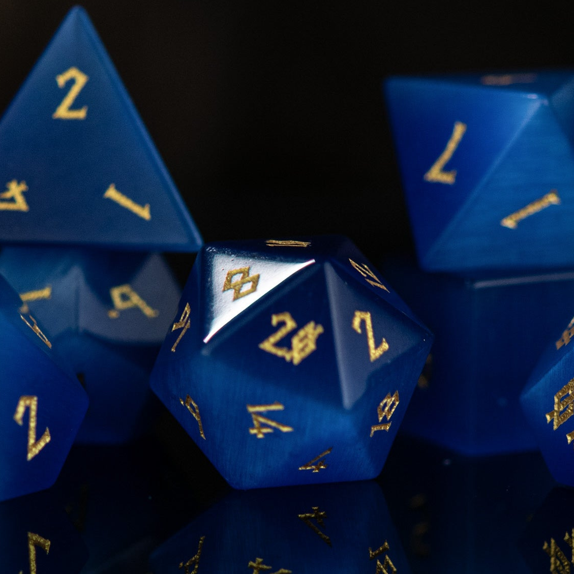 Deep Blue Cat's Eye Stone Dice Set