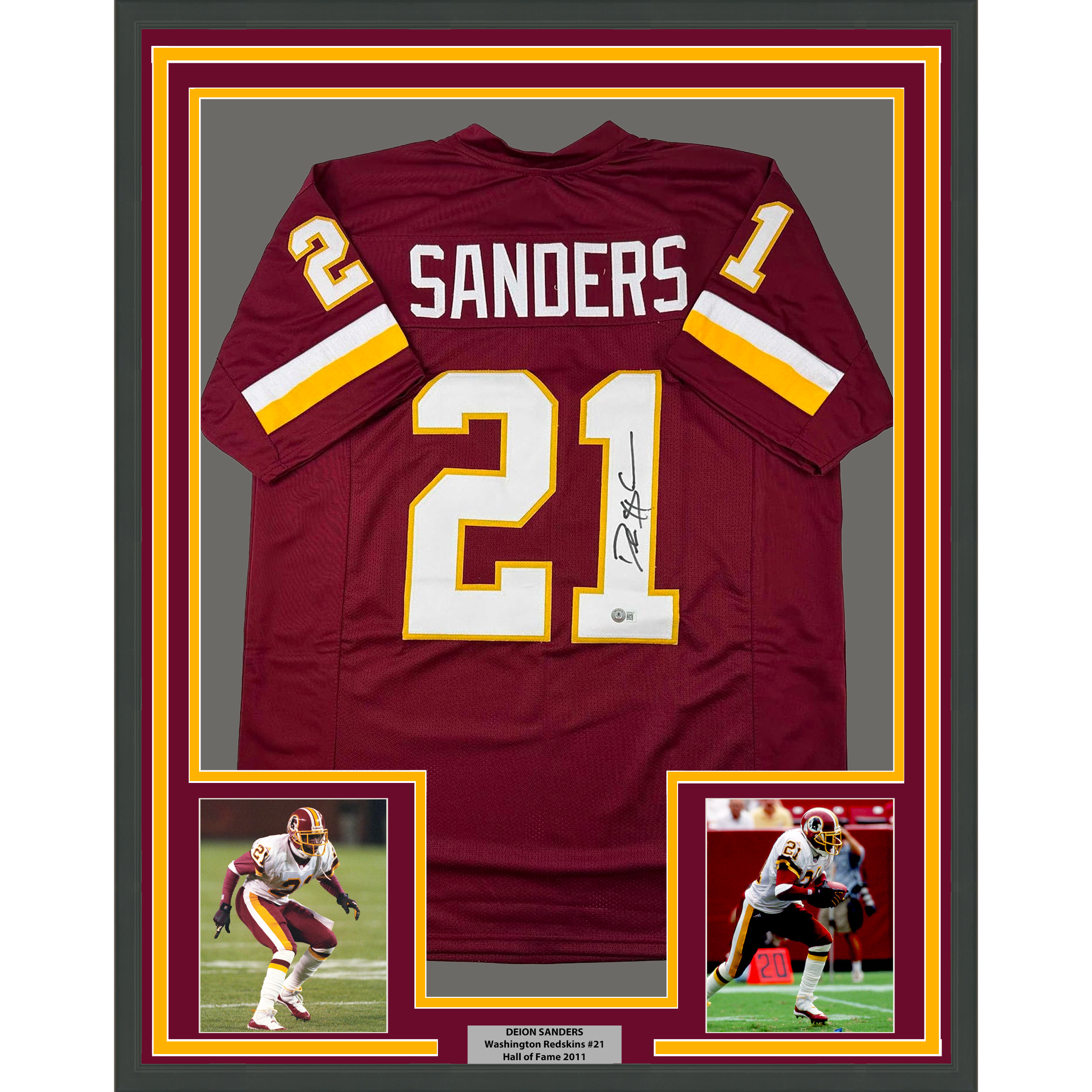 Framed Autographed/Signed Deion Sanders 35x39 Washington Burgundy Football Jersey Beckett BAS COA