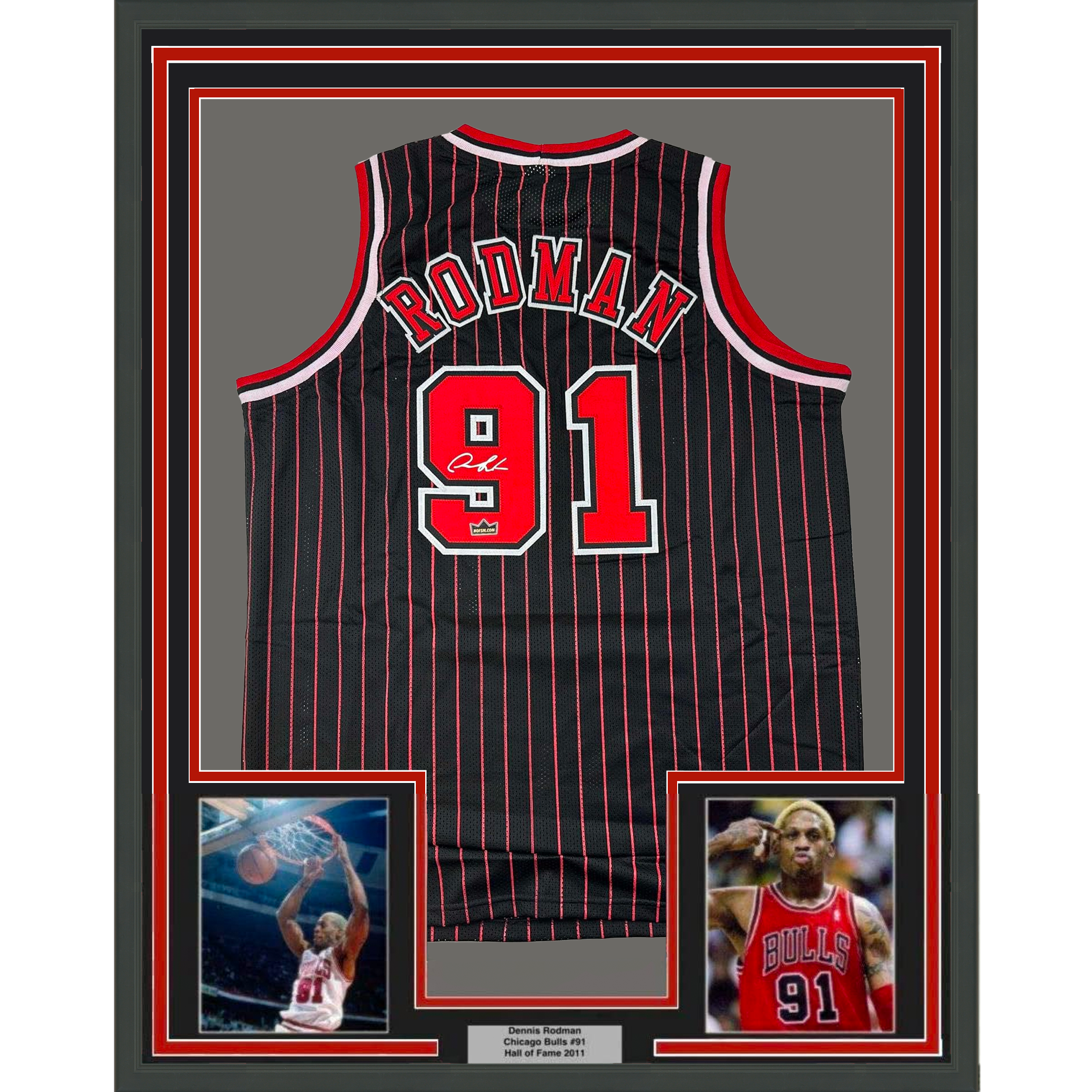 Framed Facsimile Autographed Dennis Rodman 35x39 Chicago Black Pinstripe Reprint Laser Auto Basketball Jersey