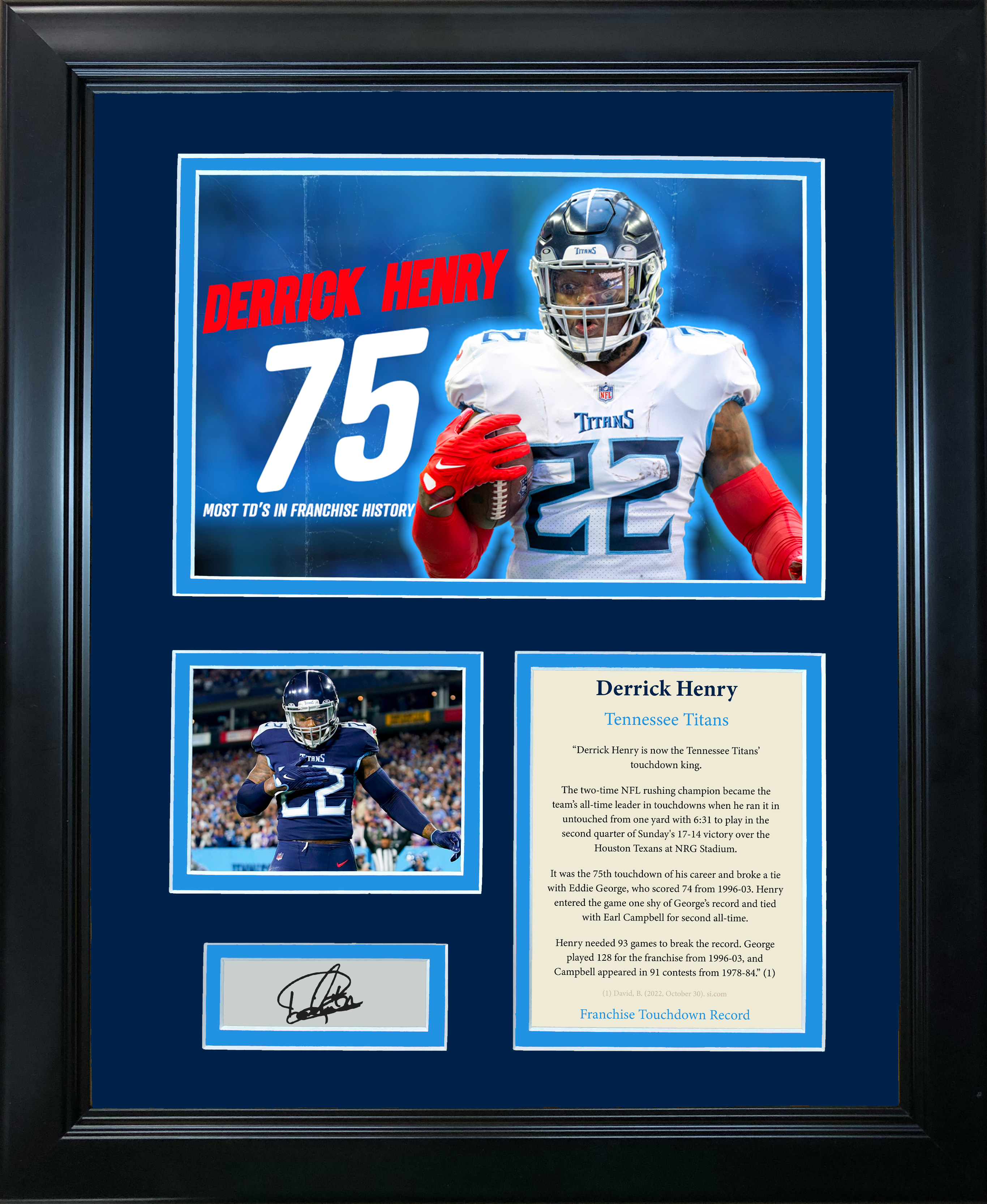 Framed Derrick Henry Tennessee Titans Touchdown Record Facsimile Laser Engraved Signature Auto Football 11"x14" Photo Sig Collage