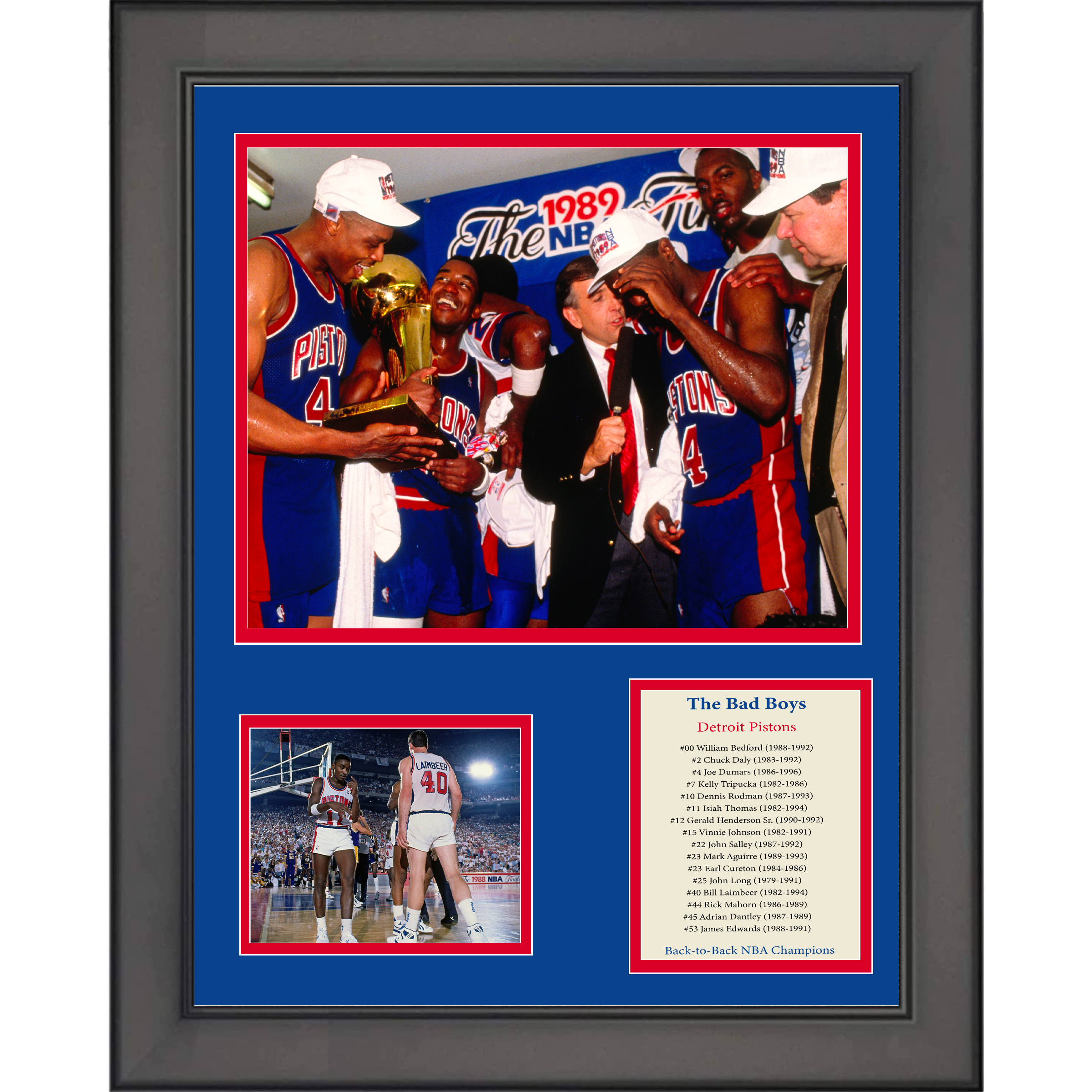 Framed Detroit Pistons  Bad Boys  Back-to-Back Champions Basketball 11"x14" Three Photo Collage