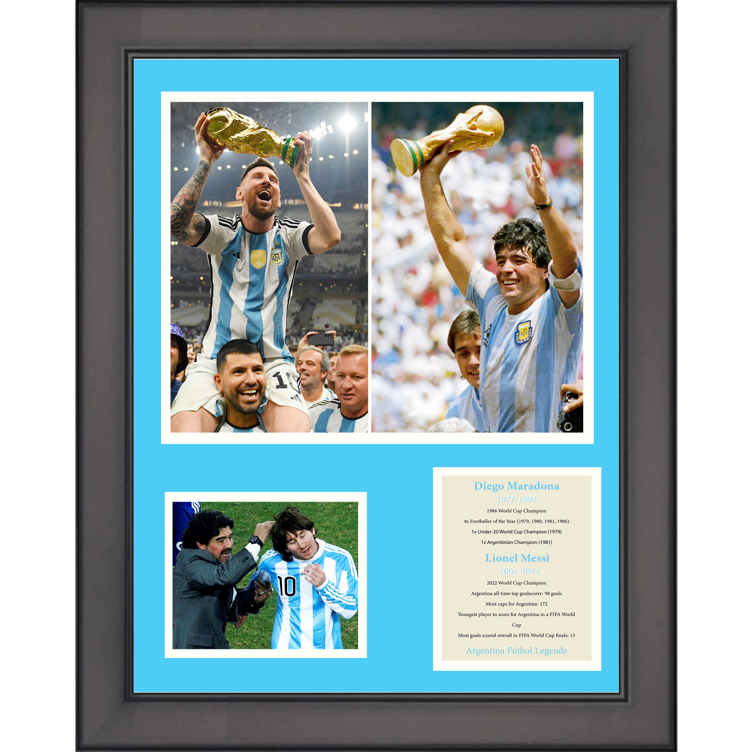 Framed Diego Maradona & Lionel Messi Argentina Futbol Soccer Legends 11"x14" Three Photo Collage