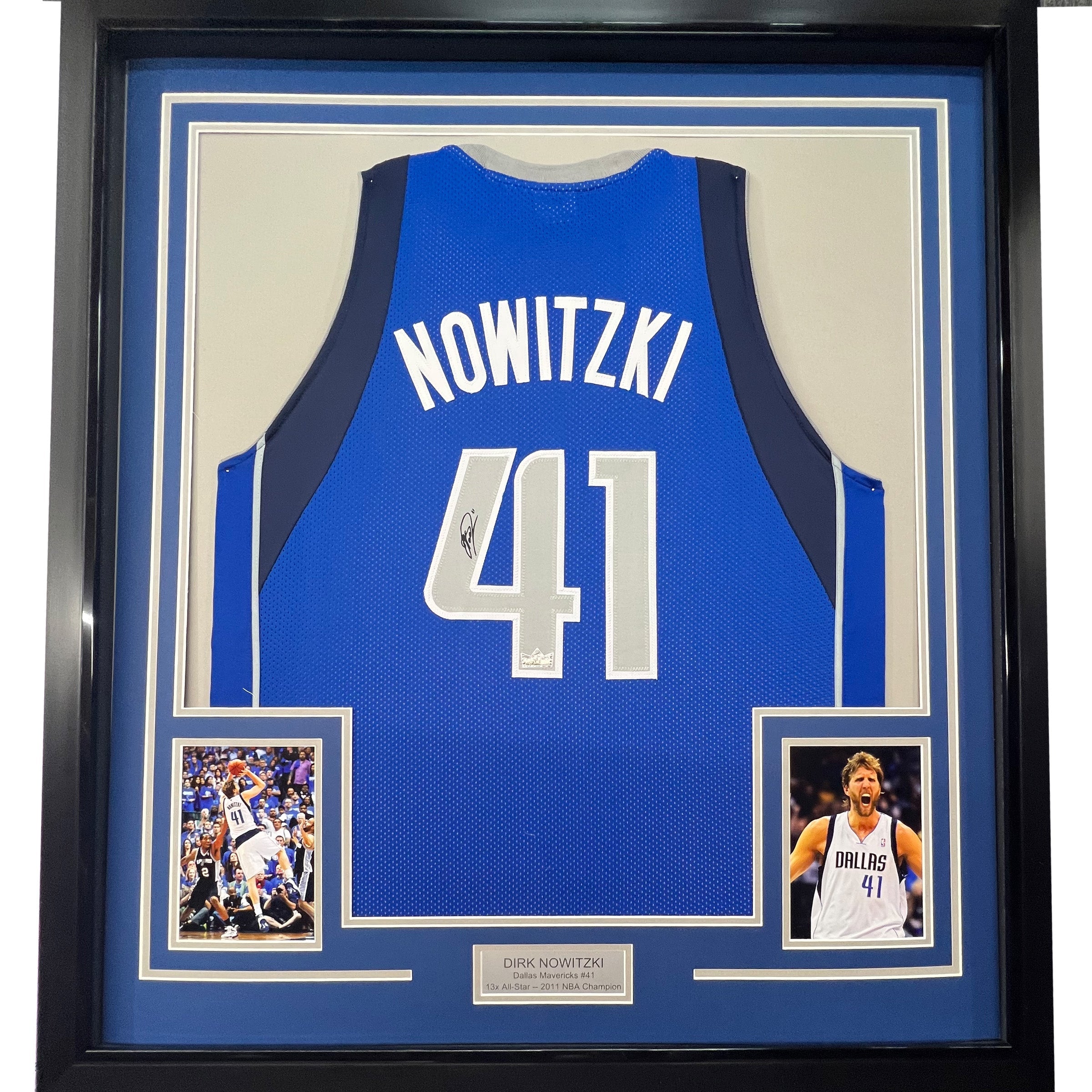 Framed Facsimile Autographed Dirk Nowitzki 35x39 Dallas Blue Reprint Laser Auto Basketball Jersey