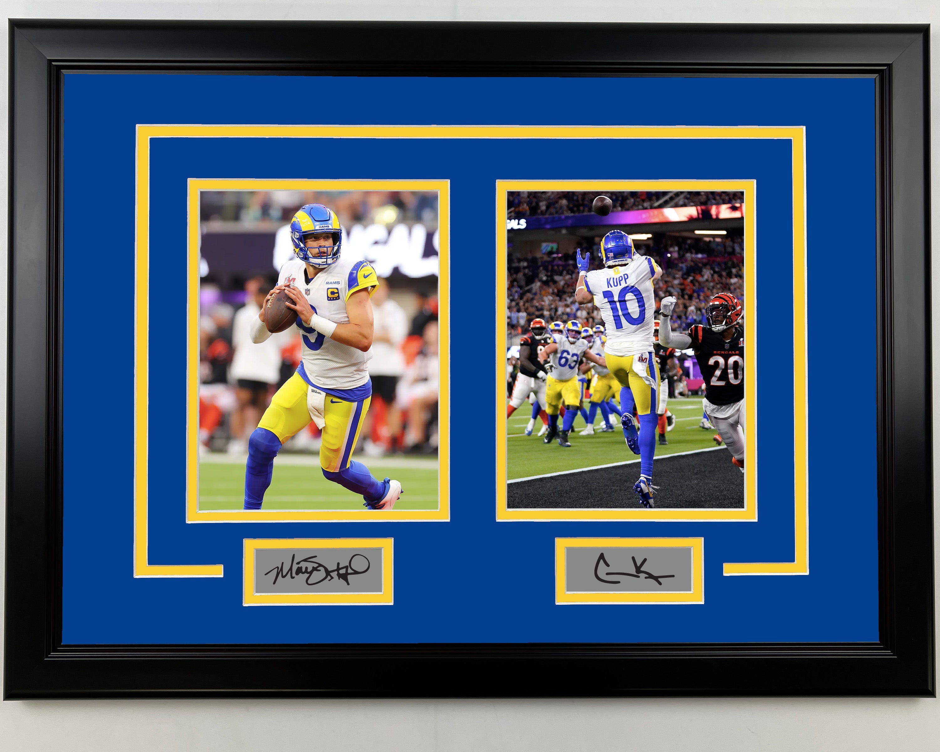 Framed Matt Stafford and Cooper Kupp Facsimile Laser Engraved Signatures Los Angeles Rams 17x23 Dual Football Photo