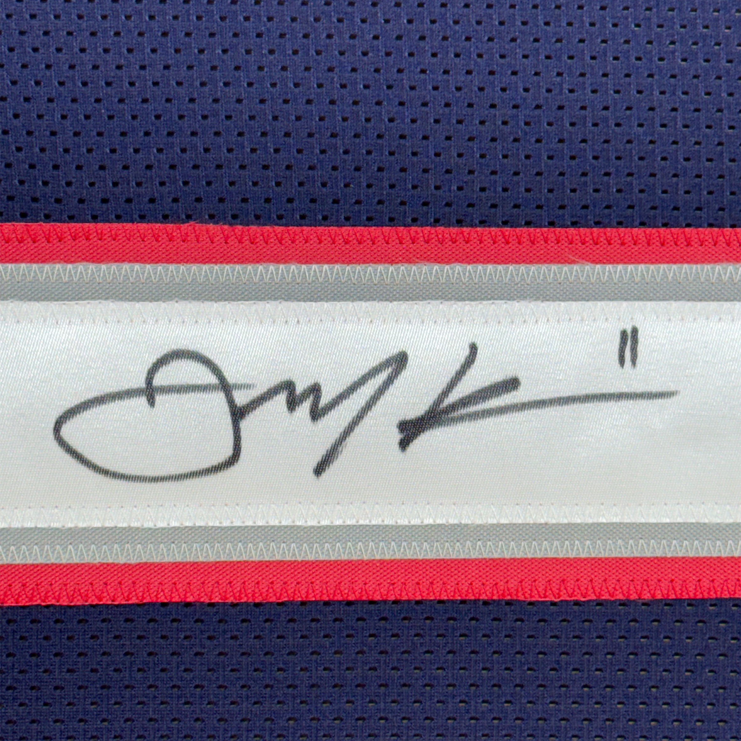 Framed Autographed/Signed Julian Edelman 35x39 New England Blue Football Jersey JSA COA
