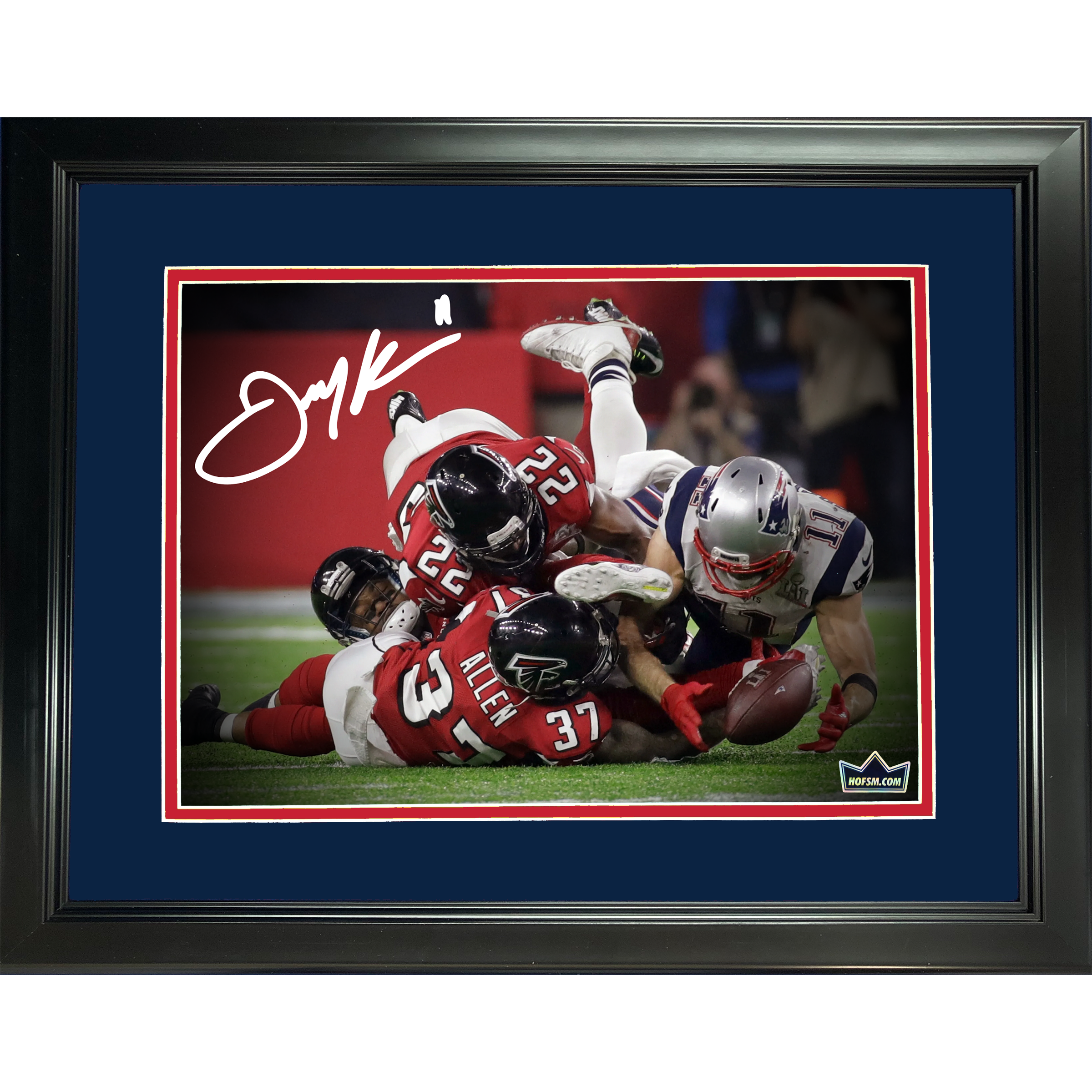 Framed Julian Edelman Super Bowl LI Catch Facsimile Laser Engraved Signature Auto New England Patriots 11"x14" Football Photo HOFSM Holo