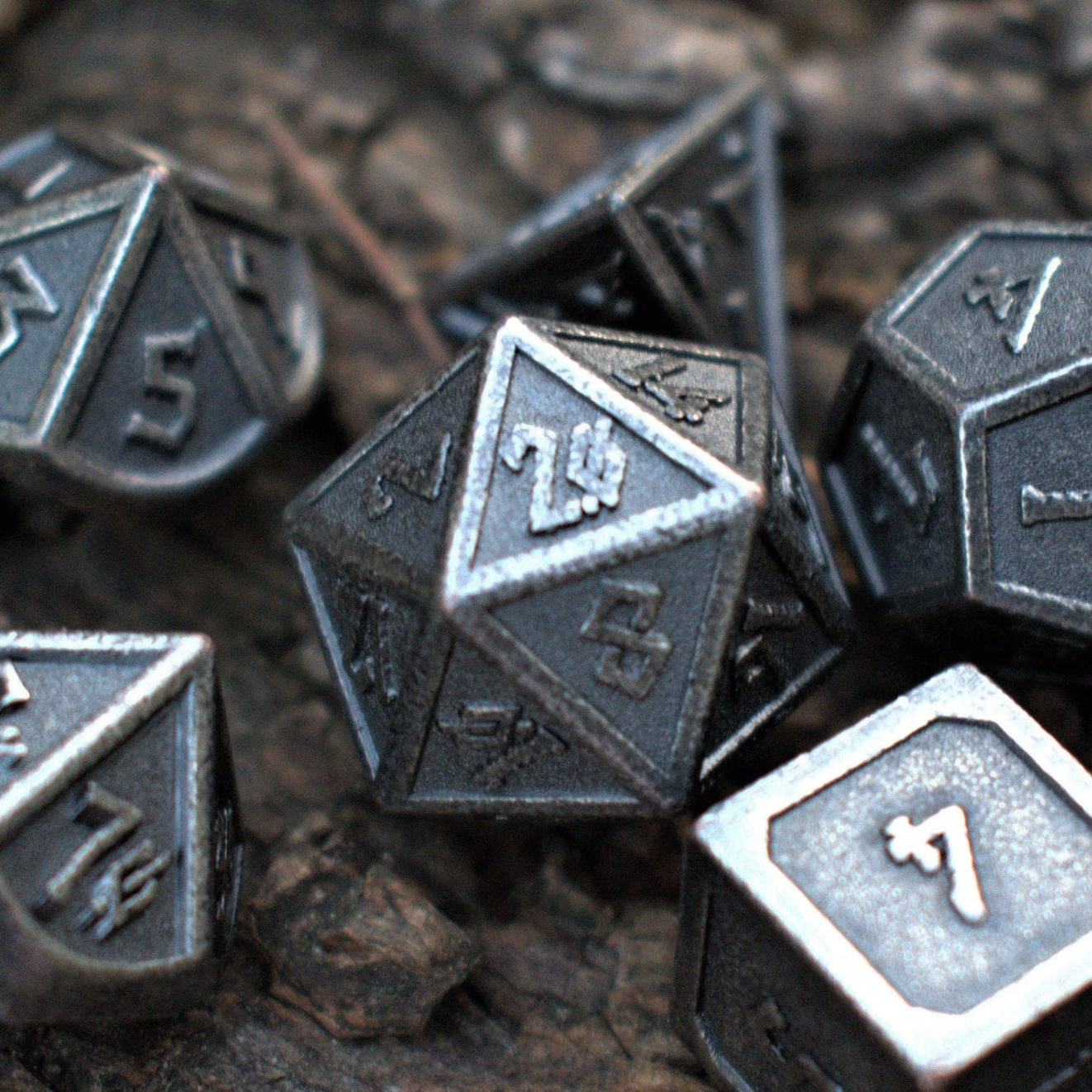Elder Runes Battle-Worn Silver Metal Dice Set