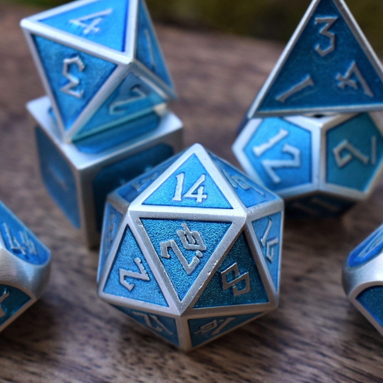 Elder Runes Electric Blue And Matte Silver Metal Dice Set