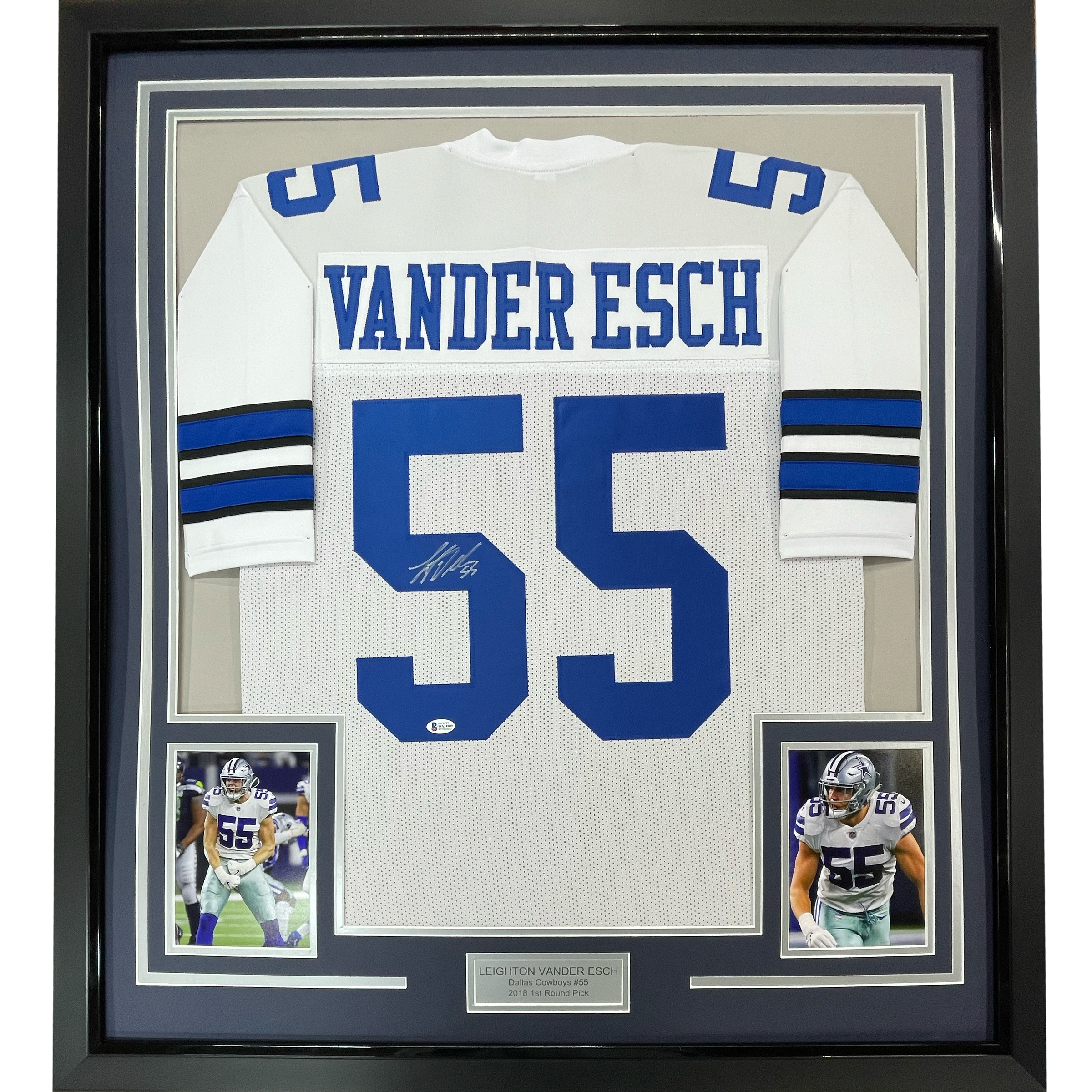 Framed Autographed/Signed Leighton Vander Esch 35x39 Dallas White Football Jersey JSA COA