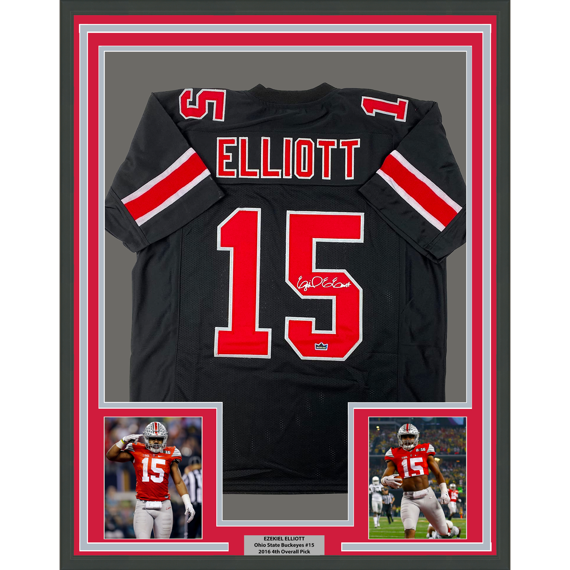 Framed Facsimile Autographed Ezekiel Elliott 35x39 Ohio State Black Reprint Laser Auto College Football Jersey