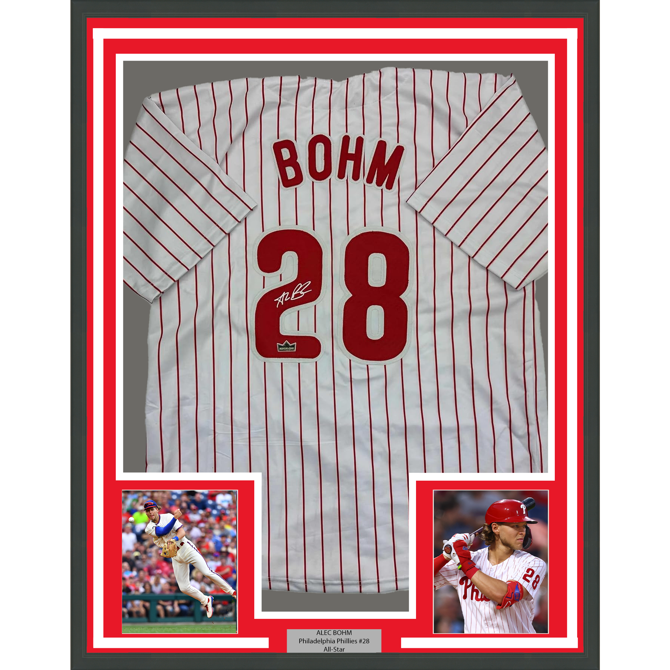 Framed Facsimile Autographed Alec Bohm 35x39 Philadelphia Pinstripe Reprint Laser Auto Baseball Jersey