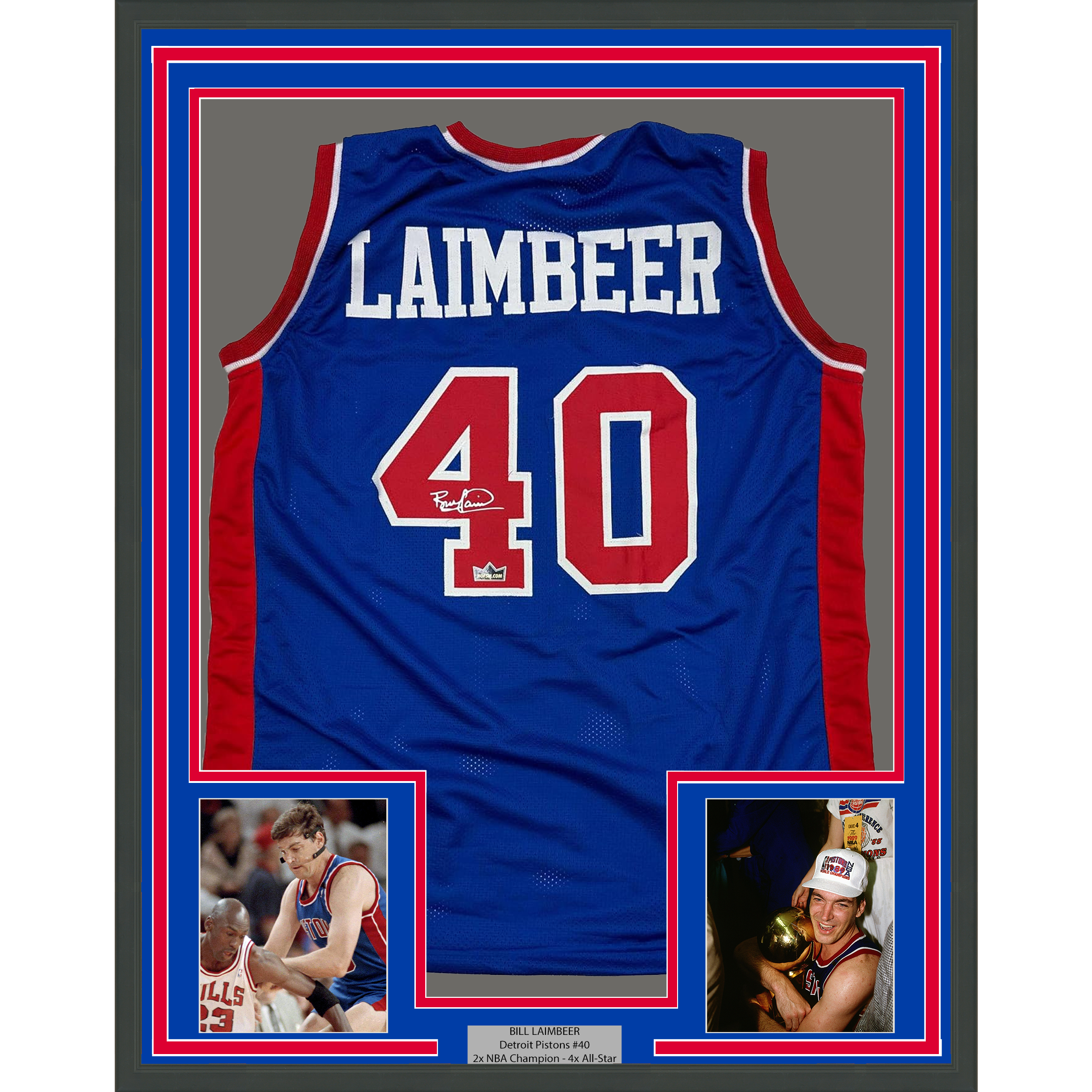 Framed Facsimile Autographed Bill Laimbeer 35x39 Detroit Blue Reprint Laser Auto Basketball Jersey