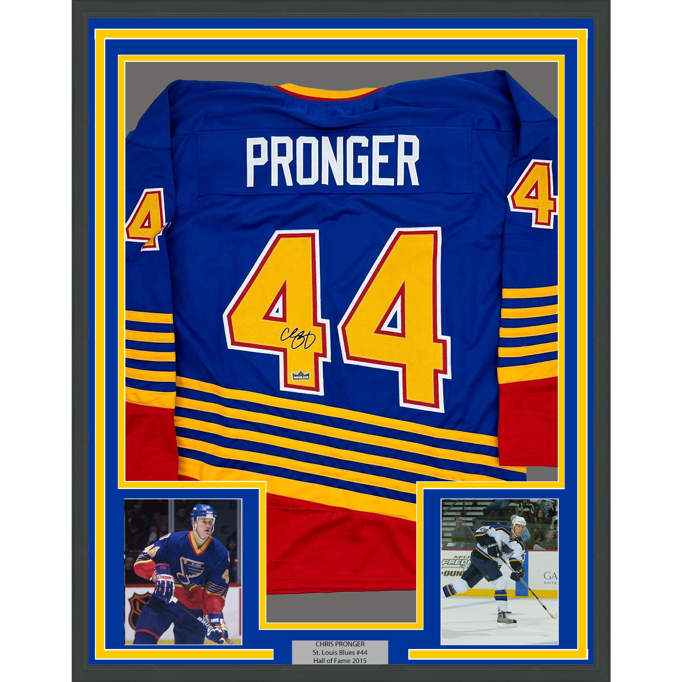 Framed Facsimile Autographed Chris Pronger 35x39 St. Louis Blue Reprint Laser Auto Hockey Jersey