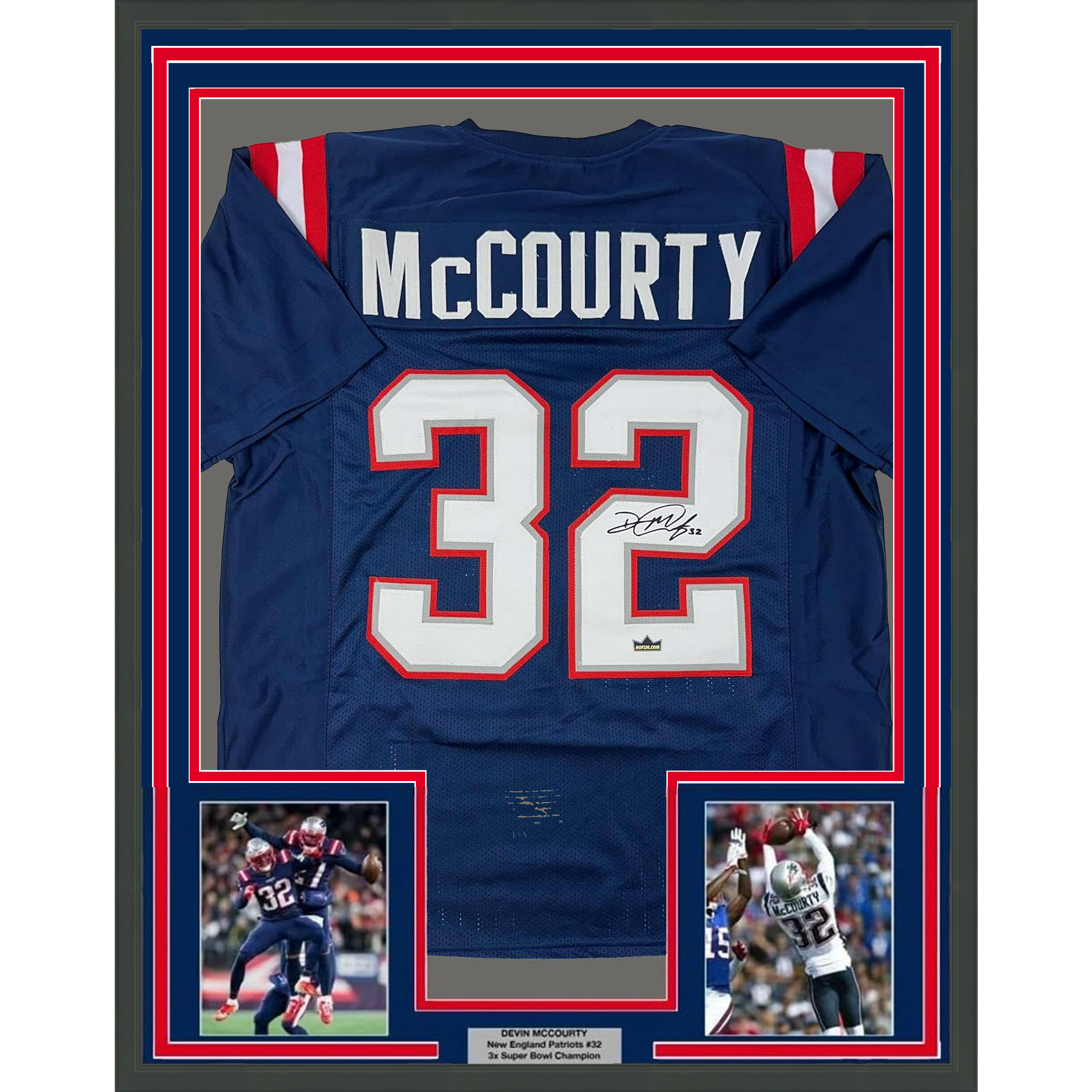 Framed Facsimile Autographed Devin McCourty 35x39 New England Blue Reprint Laser Auto Football Jersey