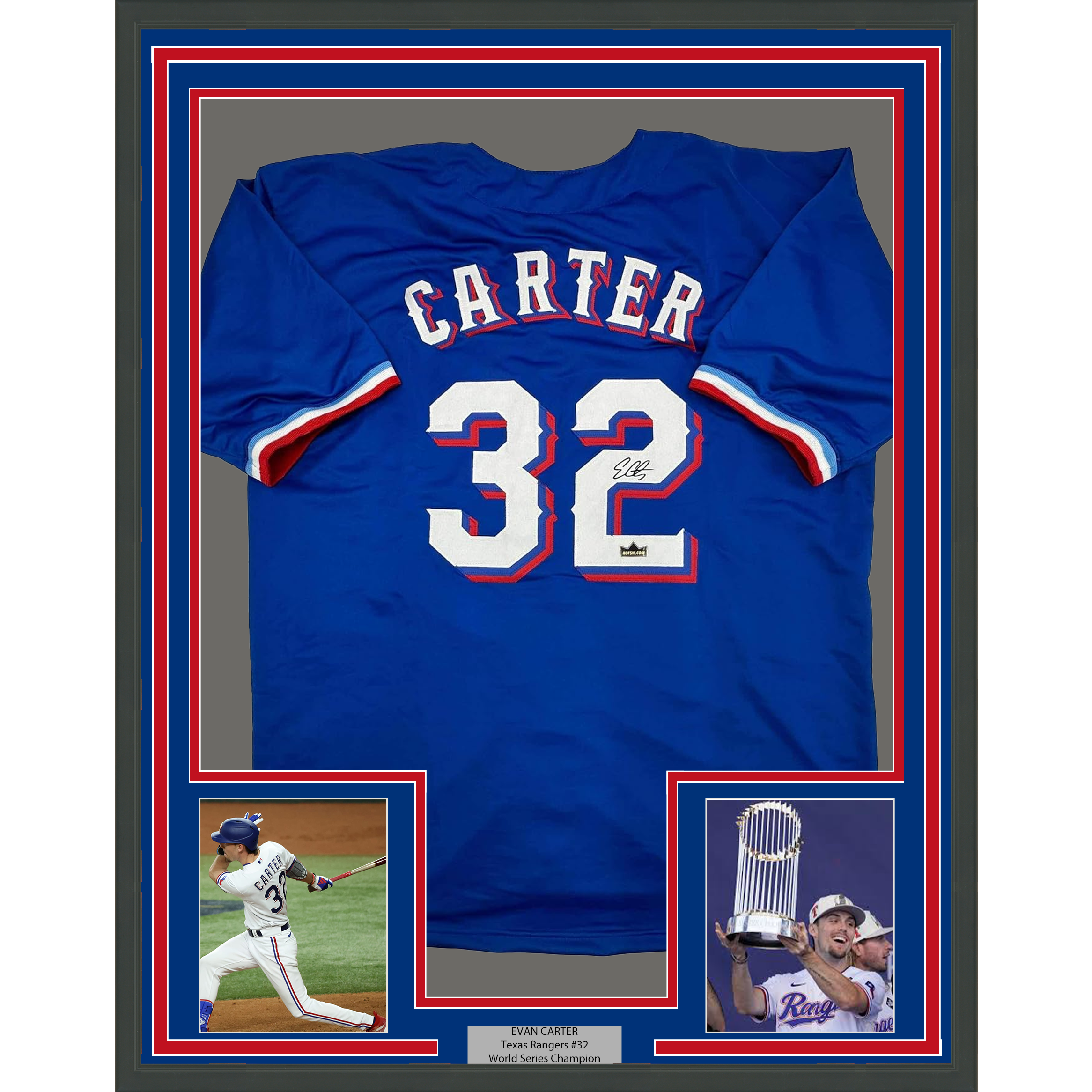 Framed Facsimile Autographed Evan Carter 35x39 Texas Blue Reprint Laser Auto Baseball Jersey