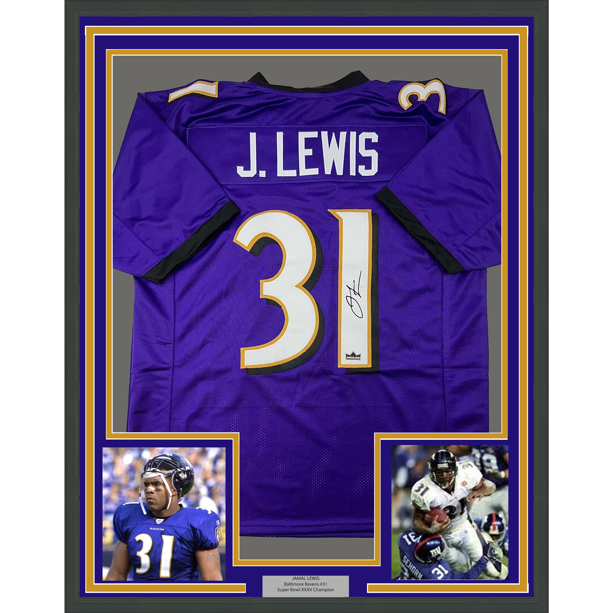 Framed Facsimile Autographed Jamal Lewis 35x39 Baltimore Purple Reprint Laser Auto Football Jersey