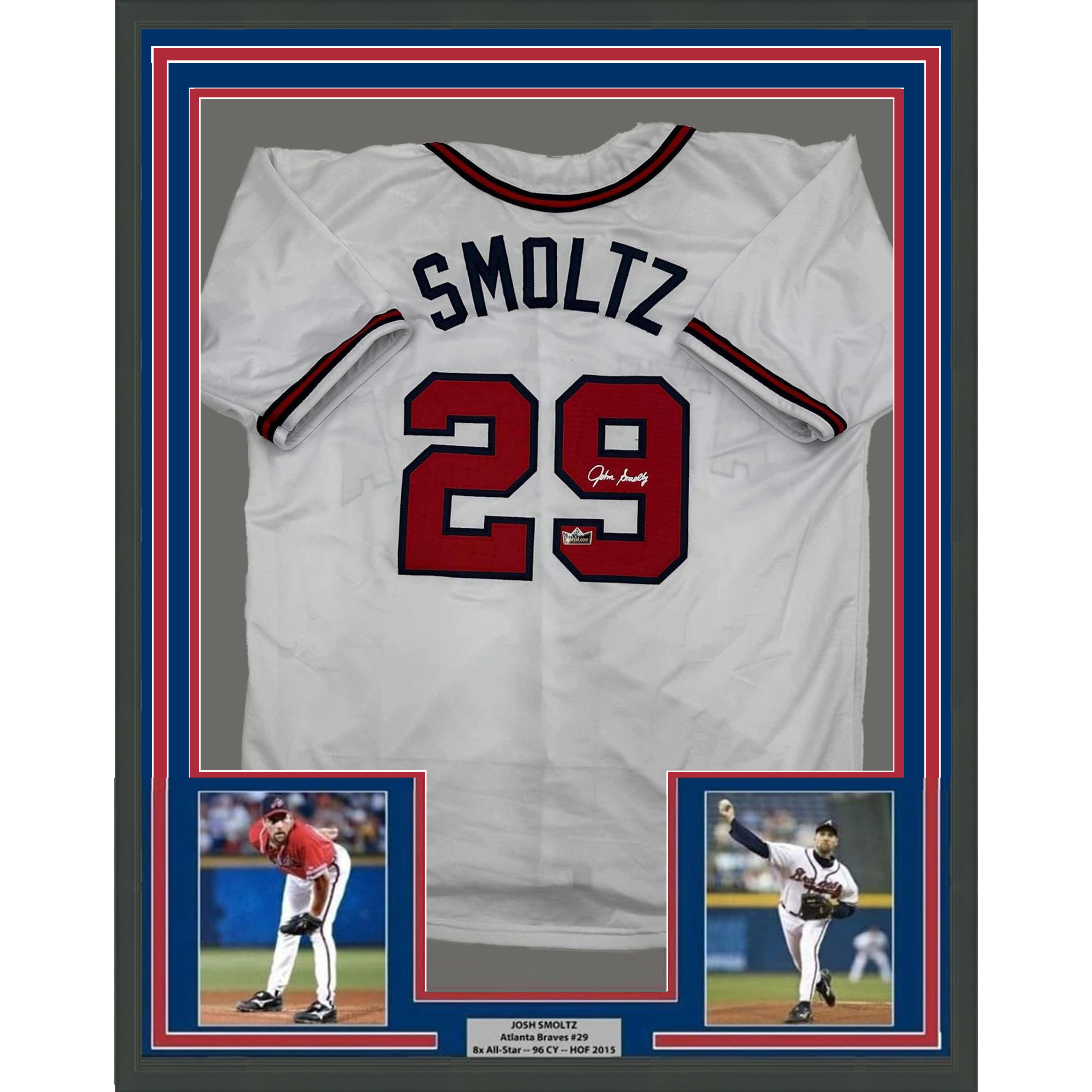 Framed Facsimile Autographed John Smoltz 35x39 Atlanta White Reprint Laser Auto Baseball Jersey