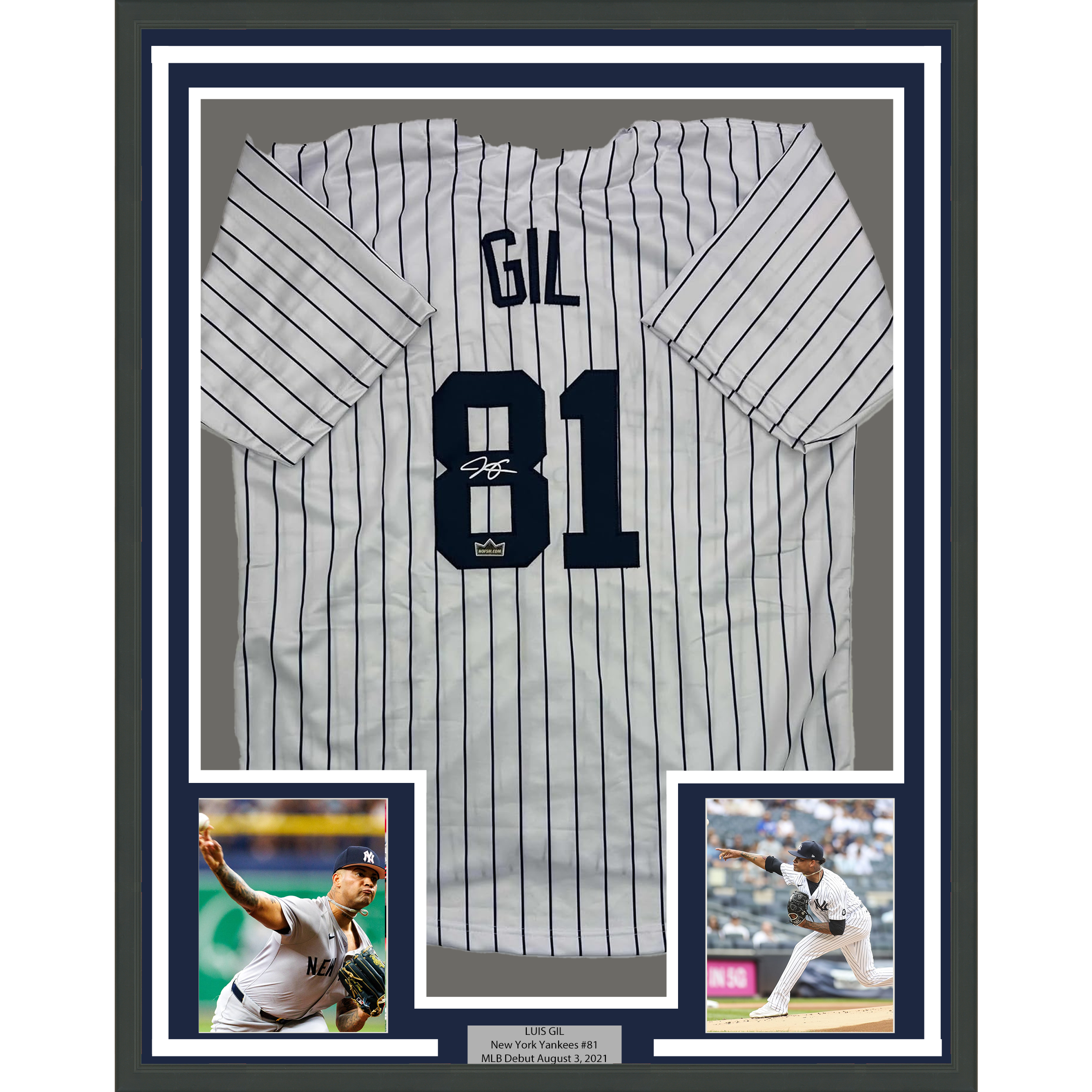 Framed Facsimile Autographed Luis Gil 35x39 New York Pinstripe Reprint Laser Auto Baseball Jersey
