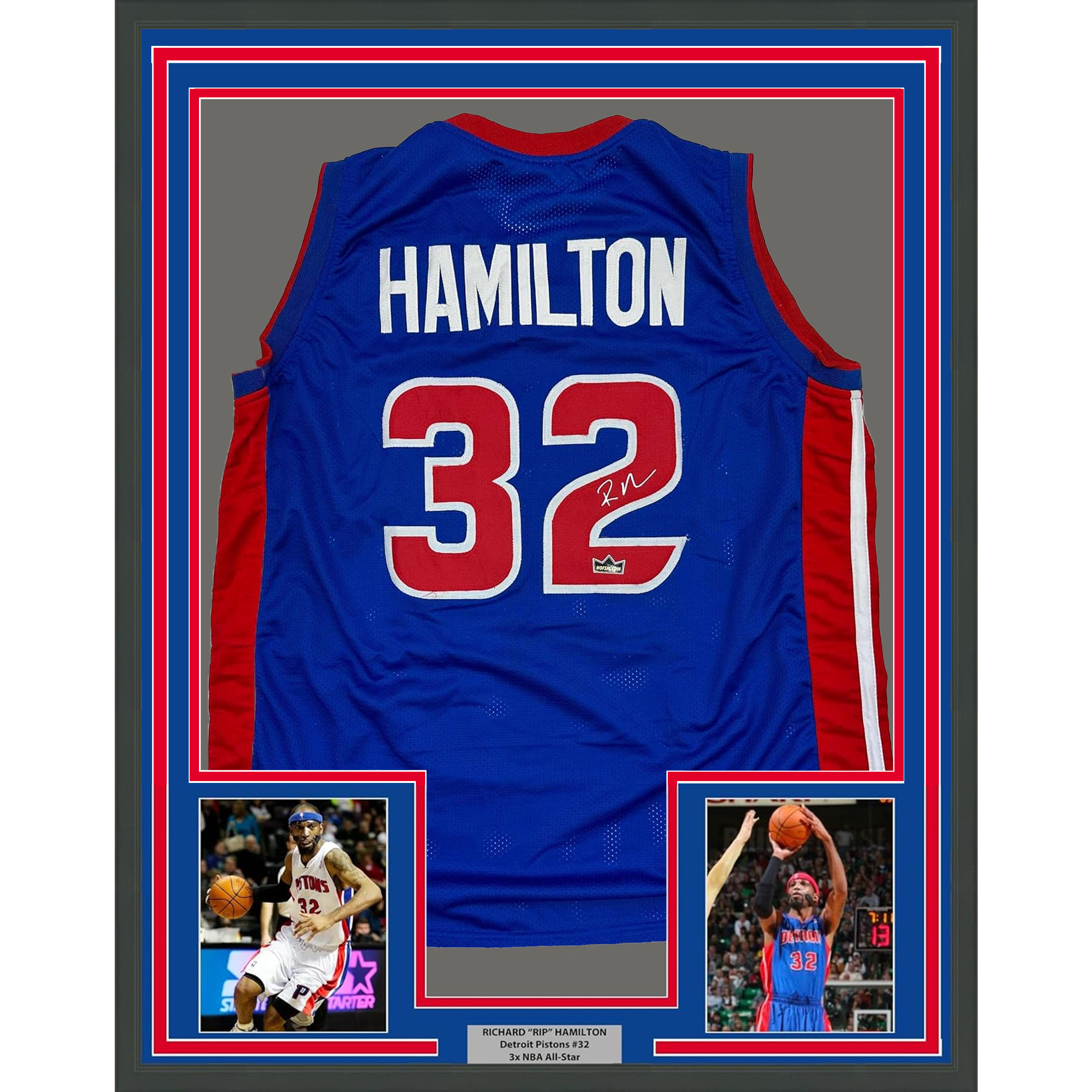 Framed Facsimile Autographed Richard Hamilton 35x39 Detroit Blue Reprint Laser Auto Basketball Jersey