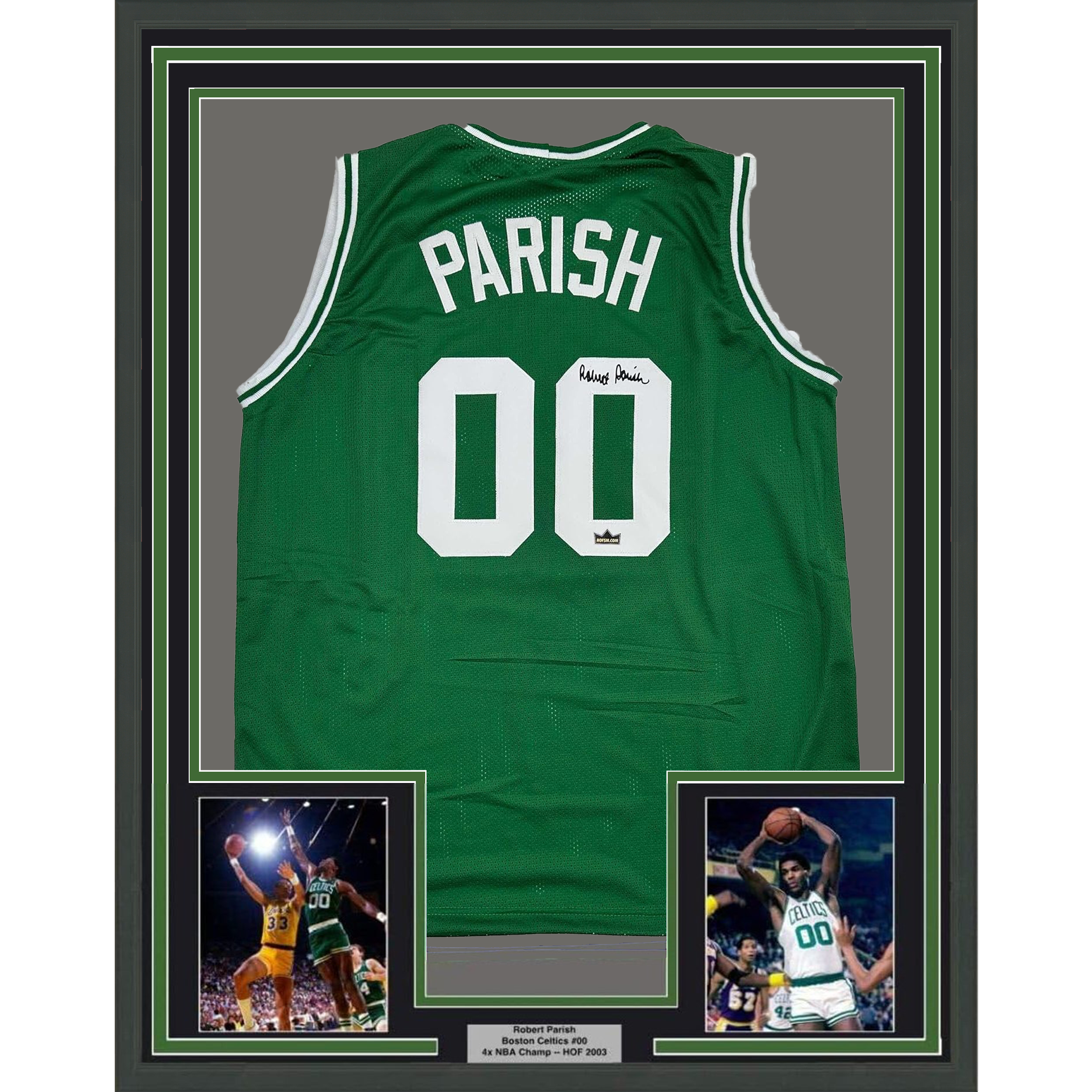 Framed Facsimile Autographed Robert Parish 35x39 Boston Green Reprint Laser Auto Basketball Jersey