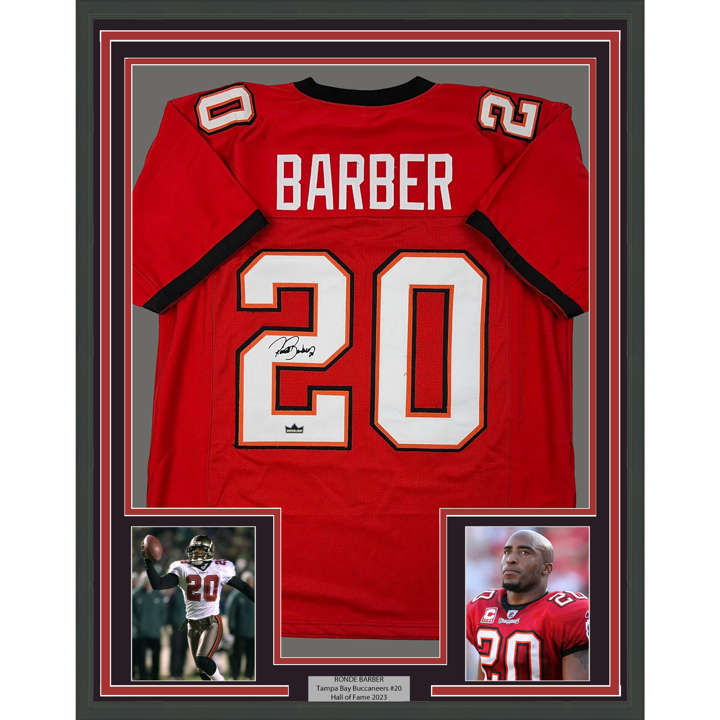 Framed Facsimile Autographed Ronde Barber 35x39 Tampa Bay Red Reprint Laser Auto Football Jersey