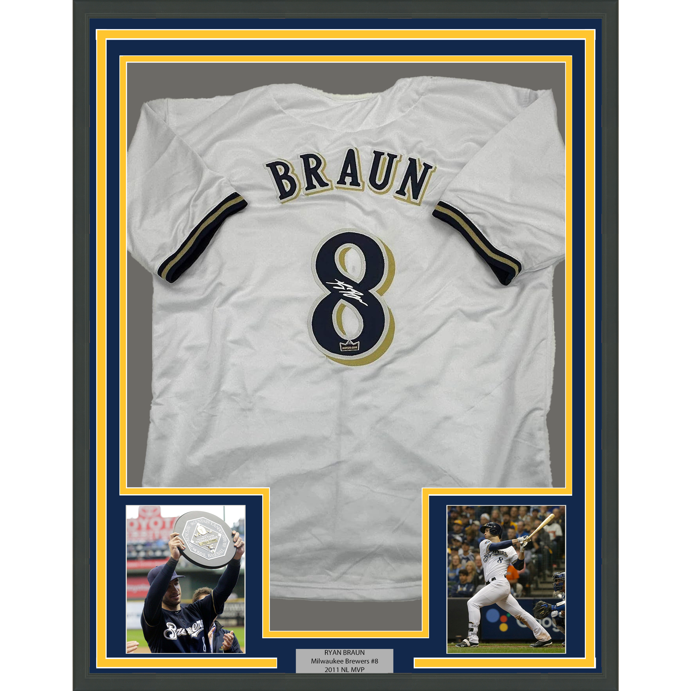 Framed Facsimile Autographed Ryan Braun 35x39 Milwaukee White Reprint Laser Auto Baseball Jersey