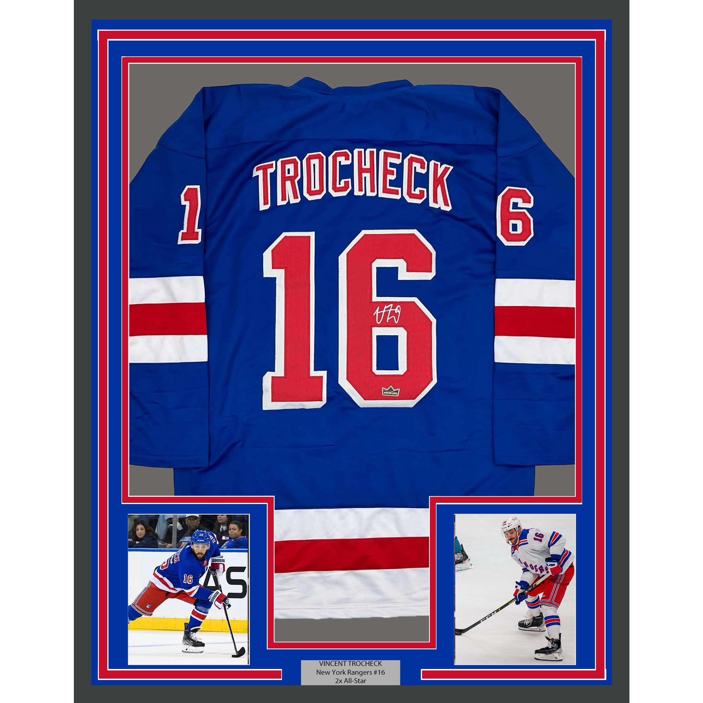 Framed Facsimile Autographed Vincent Trocheck 35x39 New York Blue Reprint Laser Auto Hockey Jersey