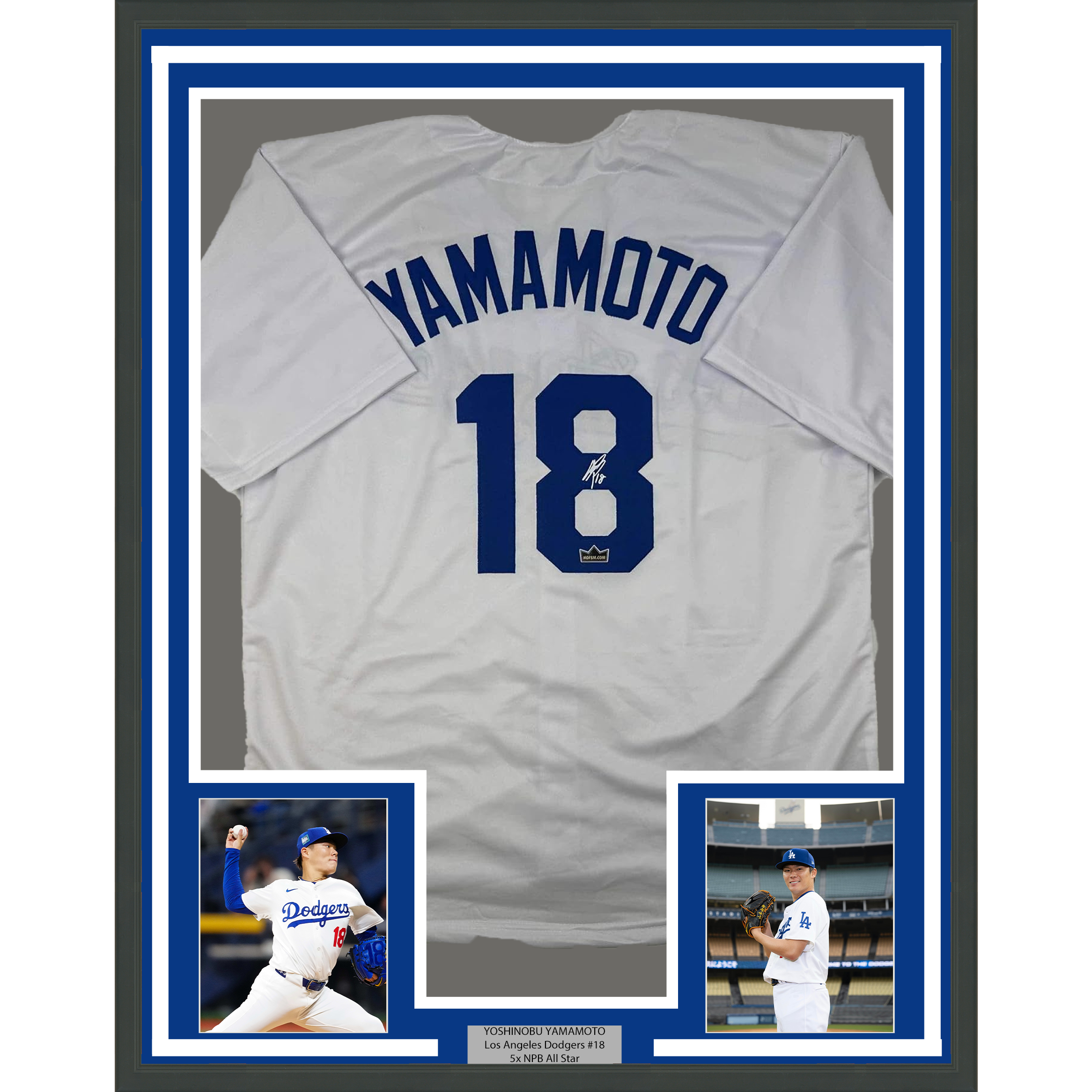 Framed Facsimile Autographed Yoshinobu Yamamoto 35x39 Los Angeles LA White Reprint Laser Auto Baseball Jersey