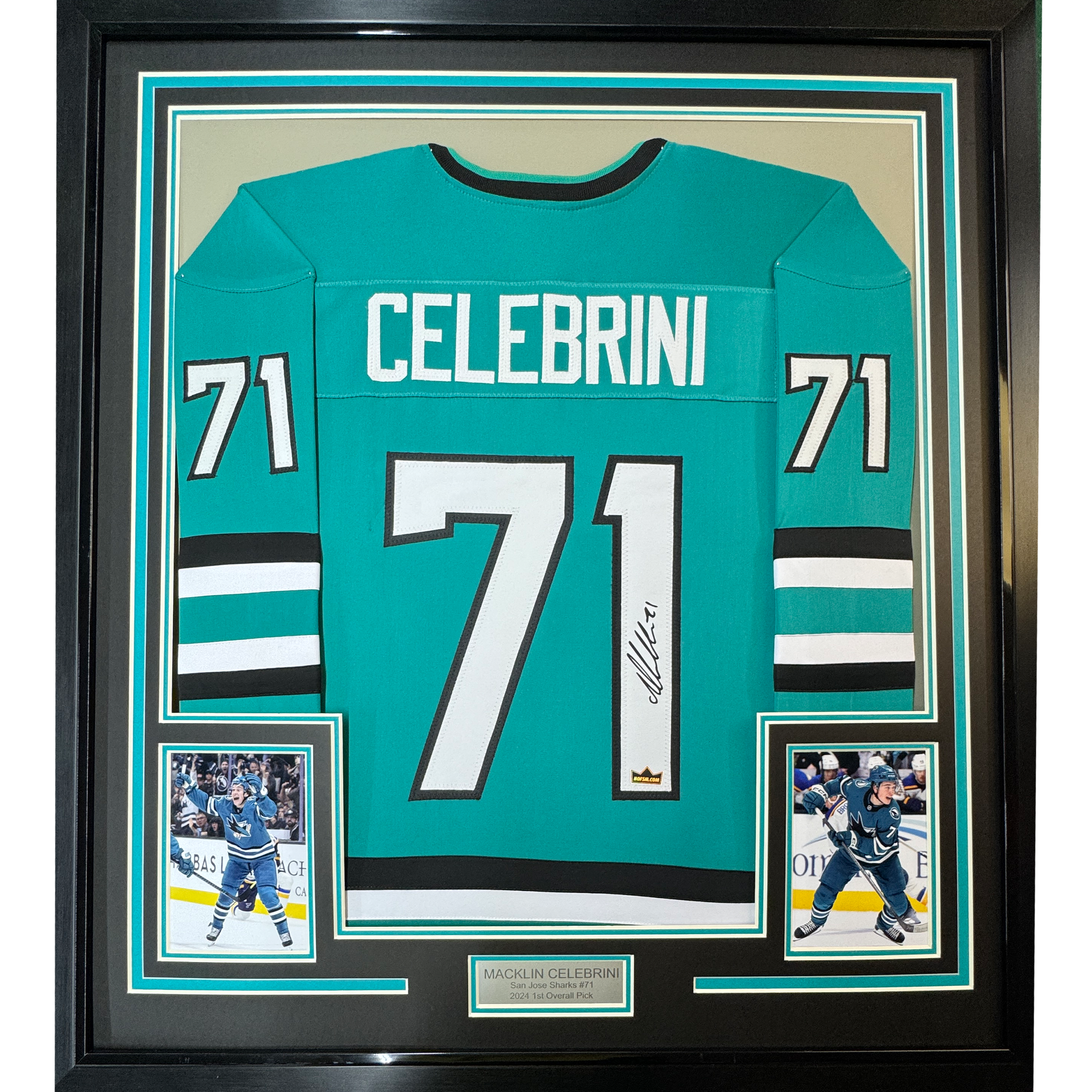 Framed Facsimile Autographed Macklin Celebrini 35x39 San Jose Teal Reprint Laser Auto Hockey Jersey