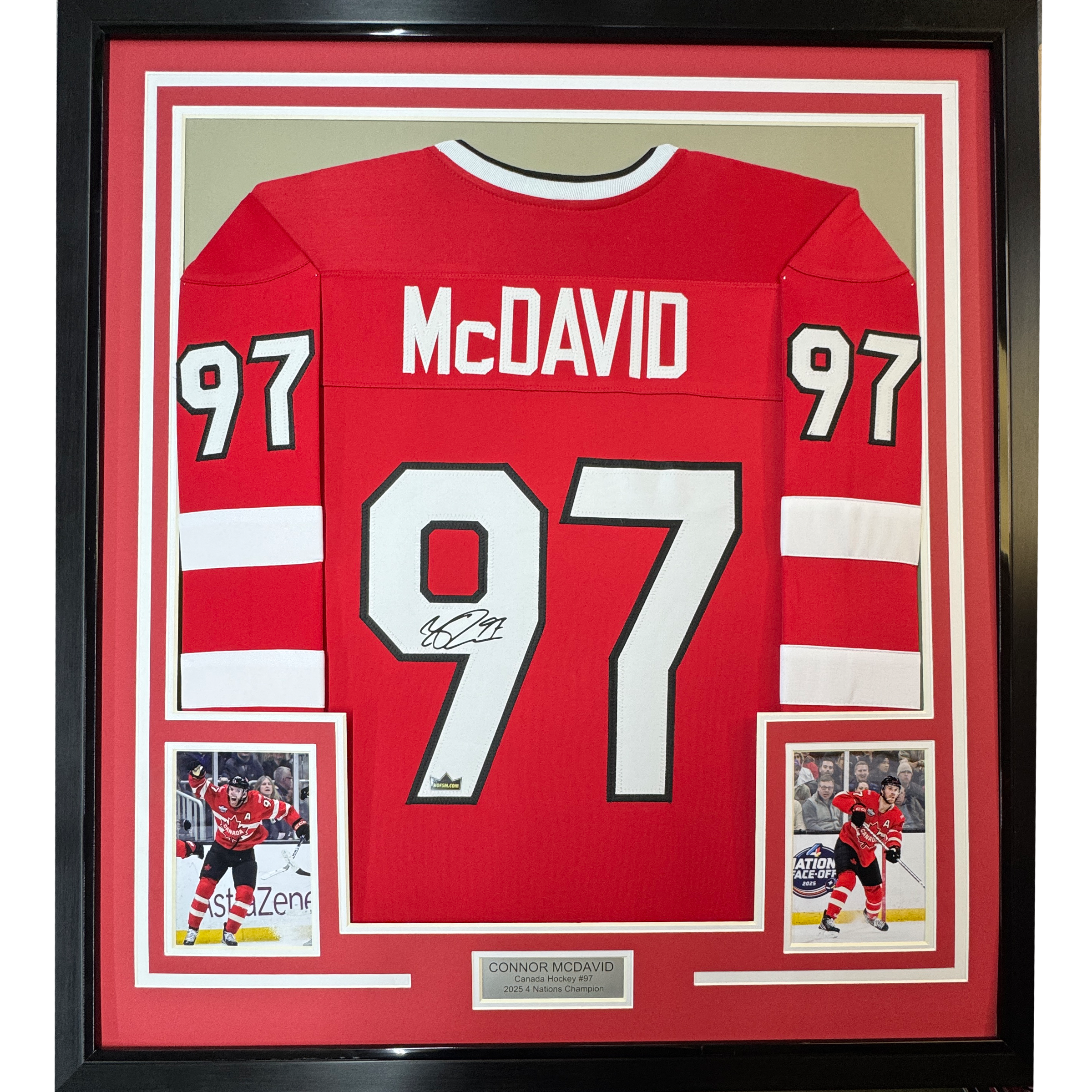 Framed Facsimile Autographed Connor McDavid 35x39 Canada Red 2025 4 Nations Face-Off Reprint Laser Auto Hockey Jersey