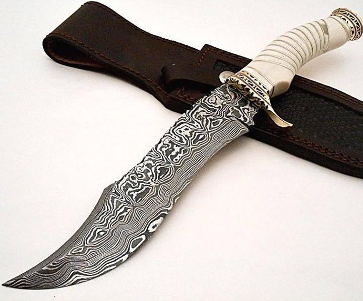 Fancy Bowie Knife - Custom Handcrafted Damascus Steel Blade, Bone Handle with Brass Guard and Spacers, 15" Overall Length | Leather Sheath | KBS Knives