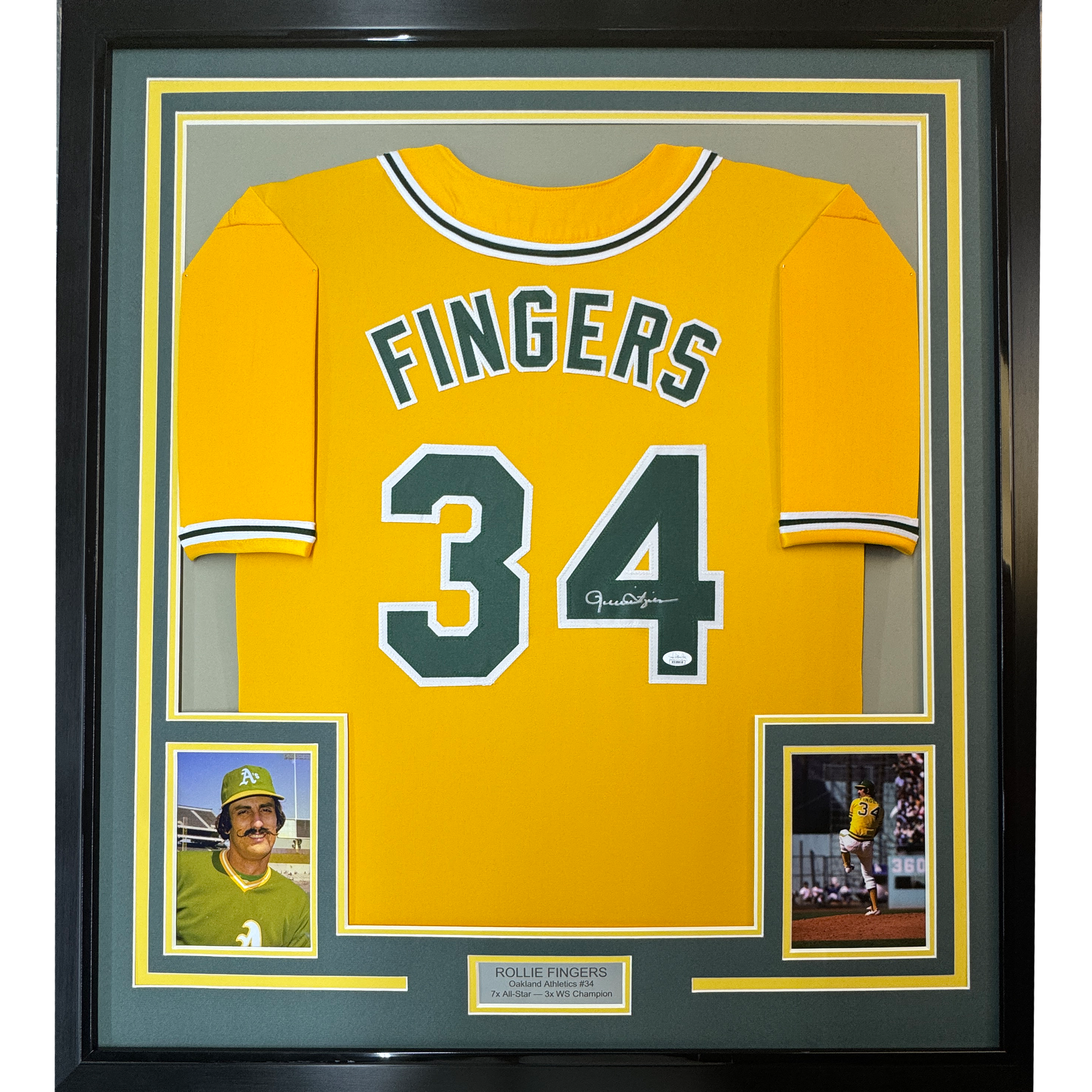 Framed Autographed/Signed Rollie Fingers 35x39 Oakland Yellow Baseball Jersey JSA COA